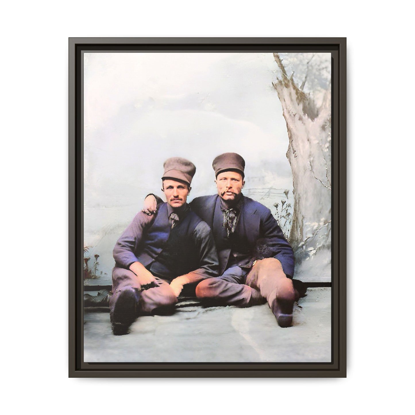 A restored vintage portrait of Stig & Sven, a Dutch American couple in Orange City, Iowa. This framed matte canvas honors LGBTQ+ history, resilience, and love in a winter setting. Gay Couple