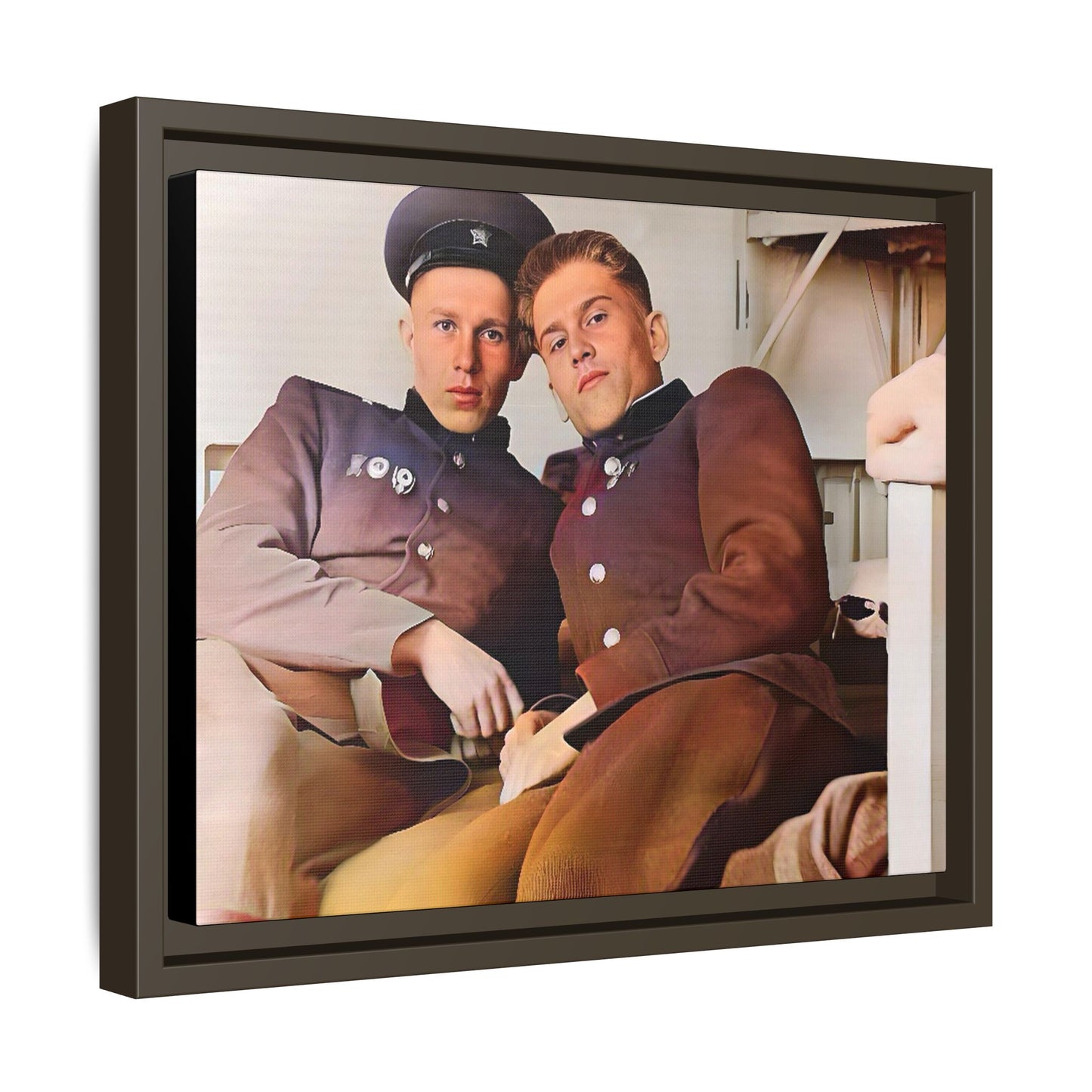 A restored vintage photograph of two Russian soldiers in uniform, seated together in their quarters in Volgograd, Russia. Their relaxed postures and warm expressions capture a moment of camaraderie, resilience, and military history. A powerful tribute to LGBTQ+ representation in the armed forces. Gay Couple Винтажное фото  гей-пара