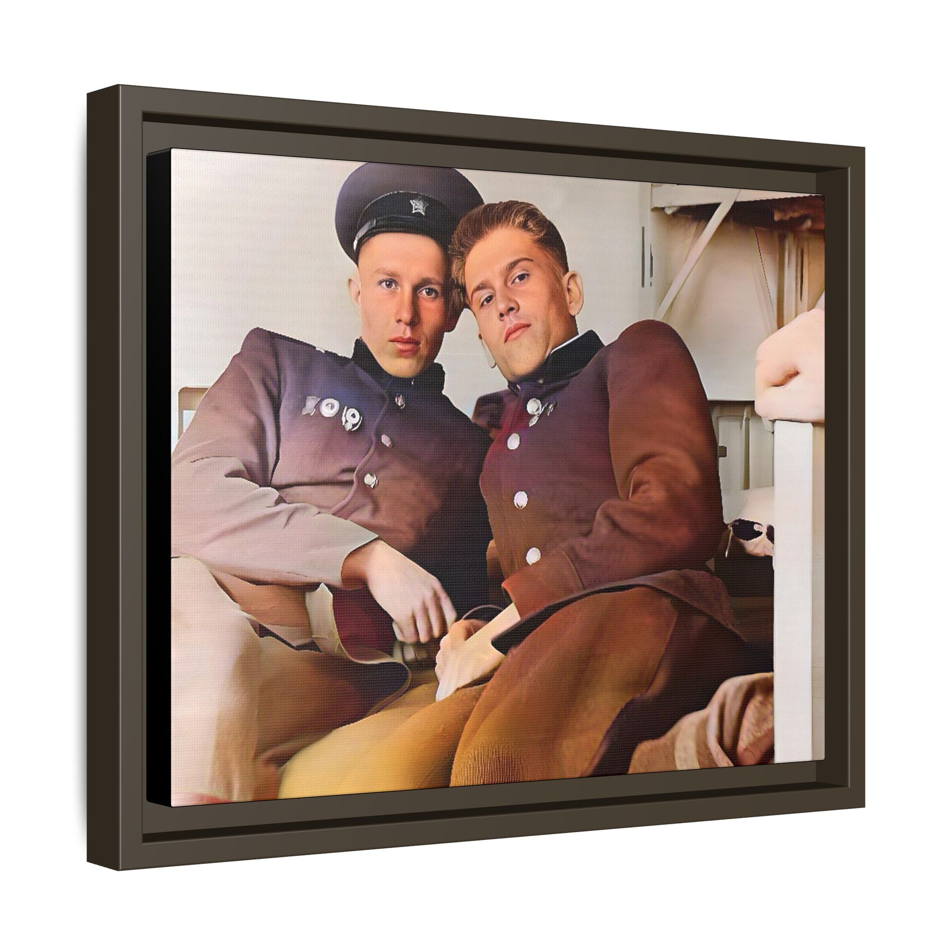 A restored vintage photograph of two Russian soldiers in uniform, seated together in their quarters in Volgograd, Russia. Their relaxed postures and warm expressions capture a moment of camaraderie, resilience, and military history. A powerful tribute to LGBTQ+ representation in the armed forces. Gay Couple Винтажное фото  гей-пара