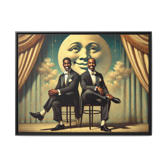 Framed vintage-style portrait of two Black men in tuxedos seated under a smiling crescent moon prop with golden curtains and cloud backdrop. This restored matte canvas honors lost LGBTQ history and reclaims early 20th-century queer representation with pride.