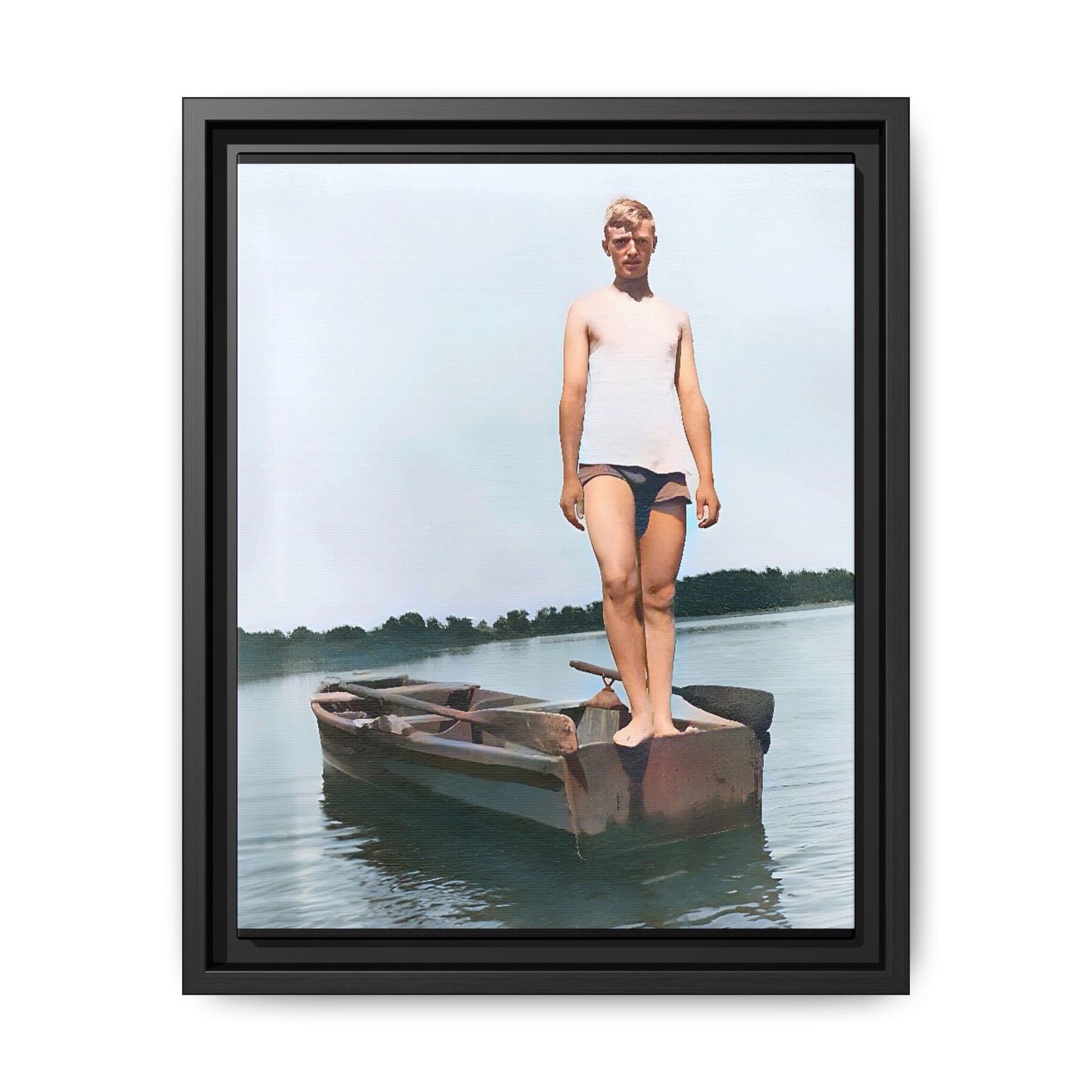 A framed vintage lake portrait on matte canvas featuring George standing on a rowboat at Creve Coeur Lake, Missouri, capturing timeless outdoor nostalgia.