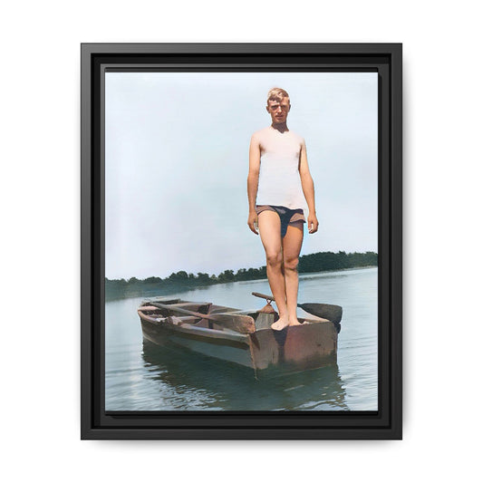 A framed vintage lake portrait on matte canvas featuring George standing on a rowboat at Creve Coeur Lake, Missouri, capturing timeless outdoor nostalgia.