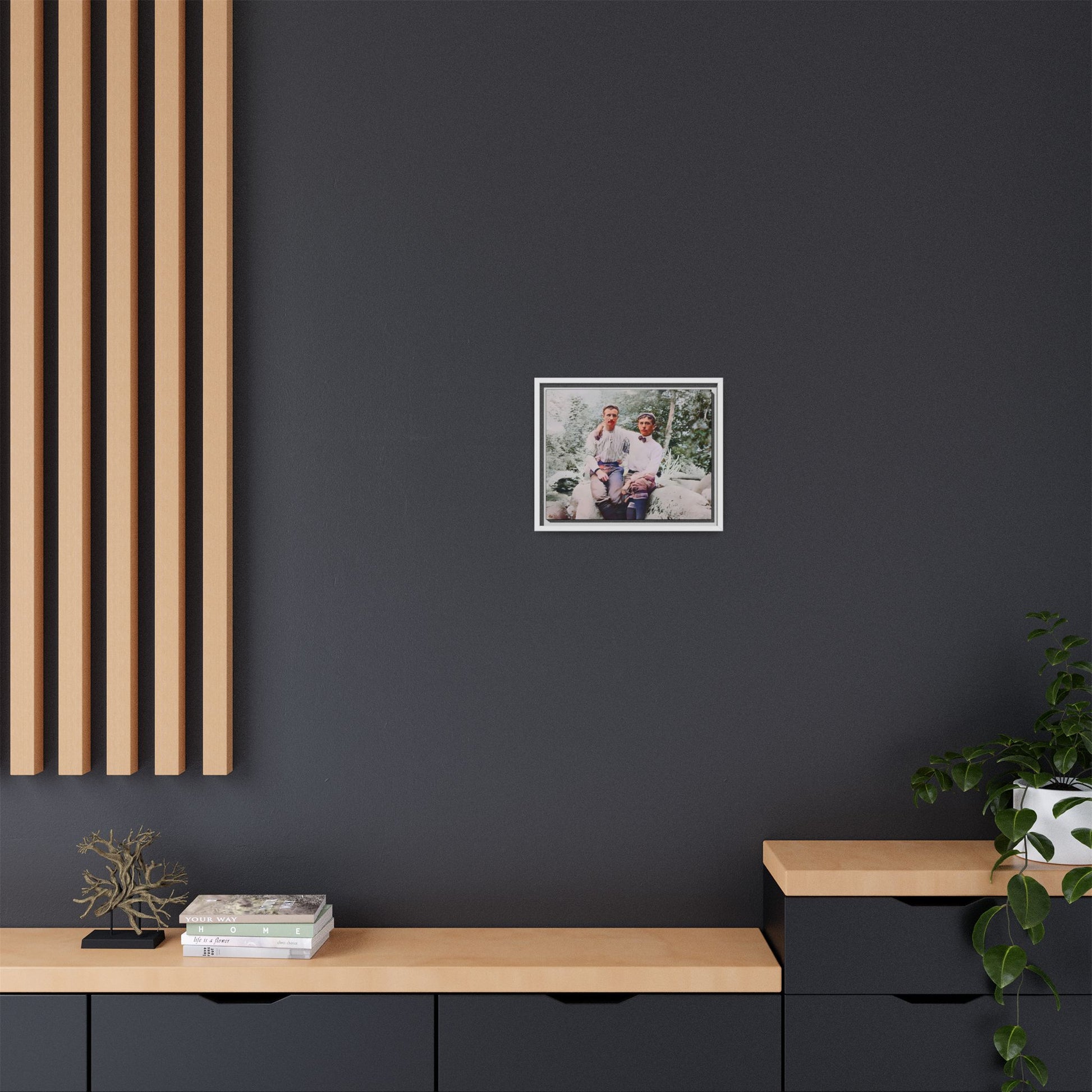 A framed vintage love portrait on matte canvas featuring Grover and Emil in Villamont, Virginia, capturing timeless LGBTQ+ connection and companionship. Gay Couple