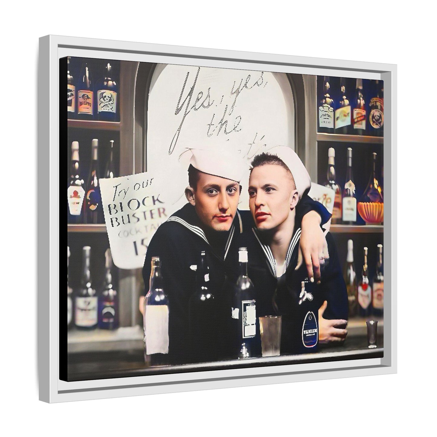 A restored vintage photo of Matt & Cory at Naval Air Station Alameda, CA. This framed matte canvas print captures camaraderie, LGBTQ+ history, and the spirit of military service, making it a unique and nostalgic keepsake for history lovers. Gay Couple Sailors
