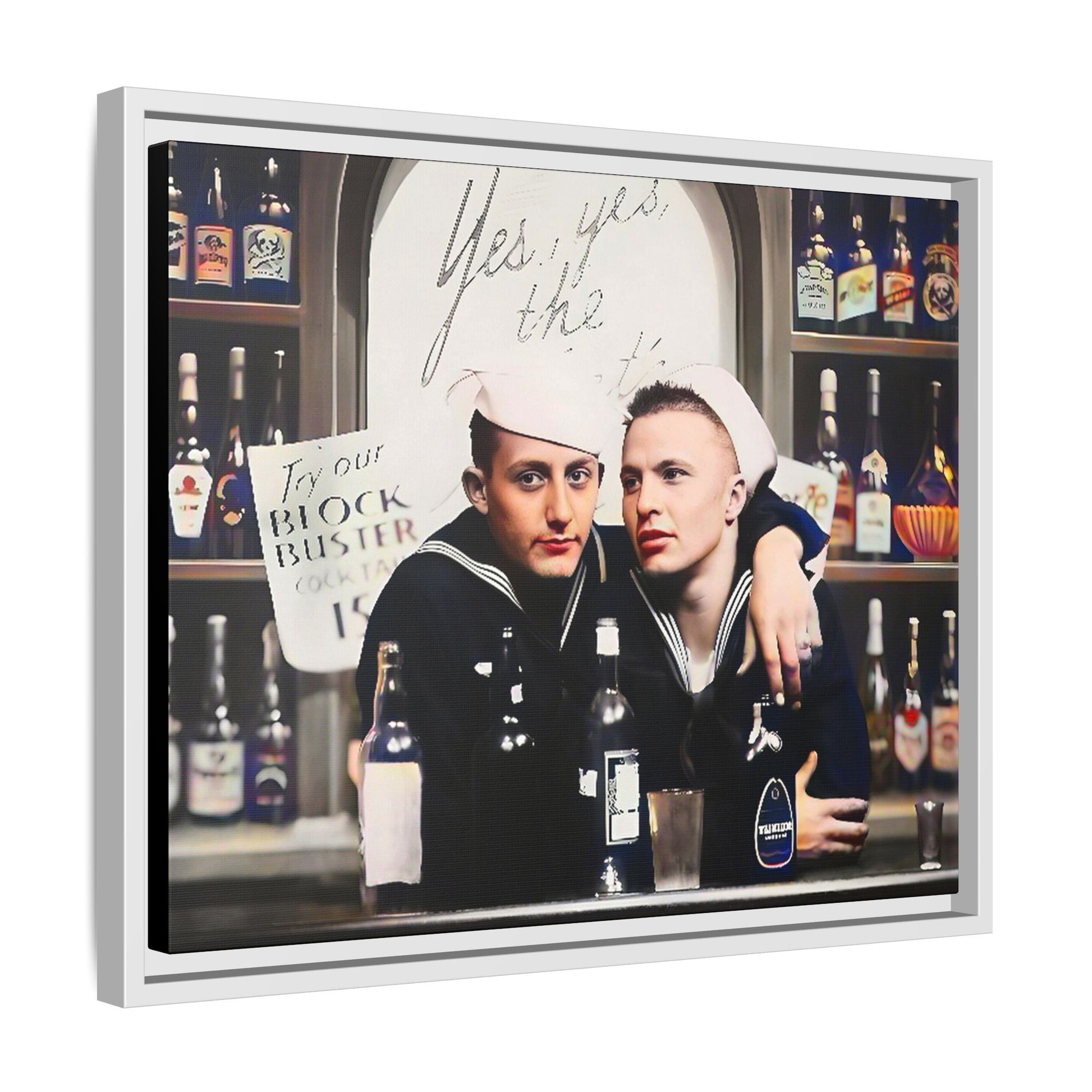 A restored vintage photo of Matt & Cory at Naval Air Station Alameda, CA. This framed matte canvas print captures camaraderie, LGBTQ+ history, and the spirit of military service, making it a unique and nostalgic keepsake for history lovers. Gay Couple Sailors