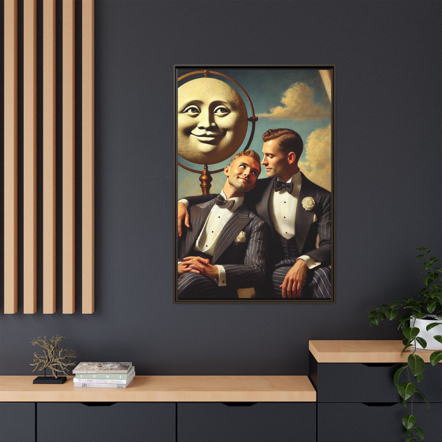Framed matte canvas portrait featuring two young men in vintage overalls with a crescent moon prop above them. This artwork from the Missing Art Studies series reclaims LGBTQ+ imagery that may have been lost to bias, presenting warmth, intimacy, and presence.