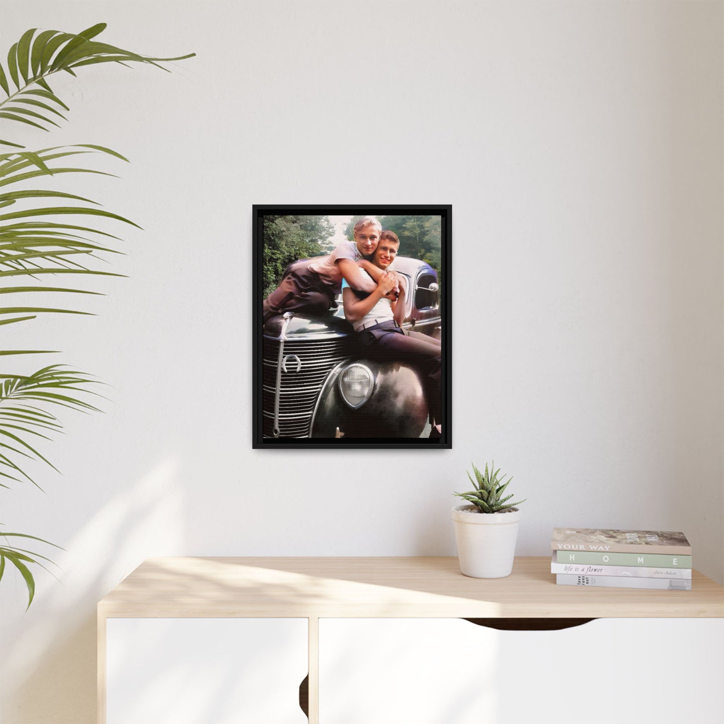 Vintage LGBTQ+ love portrait of Kent & Jamie in Watkins Glen, NY. A nostalgic moment on a classic car, now a museum-quality matte canvas print with handcrafted frame options. Perfect for collectors and those celebrating LGBTQ+ history. Gay Couple