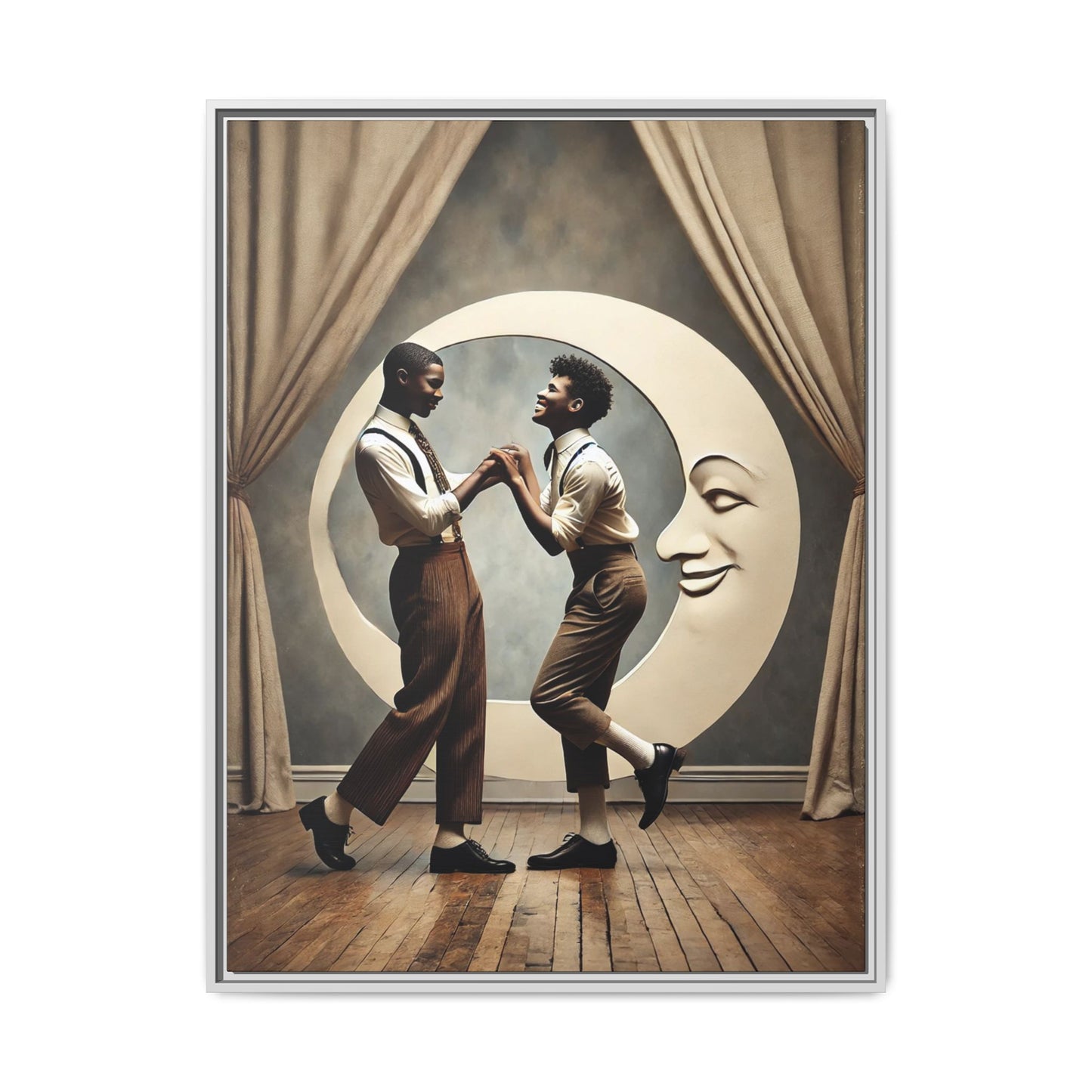 Two joyful young Black men dressed in 1920s fashion dancing in front of a crescent moon prop with a smiling face. This artwork reclaims erased queer love, offering a whimsical and powerful celebration of Black LGBTQ+ youth and history.