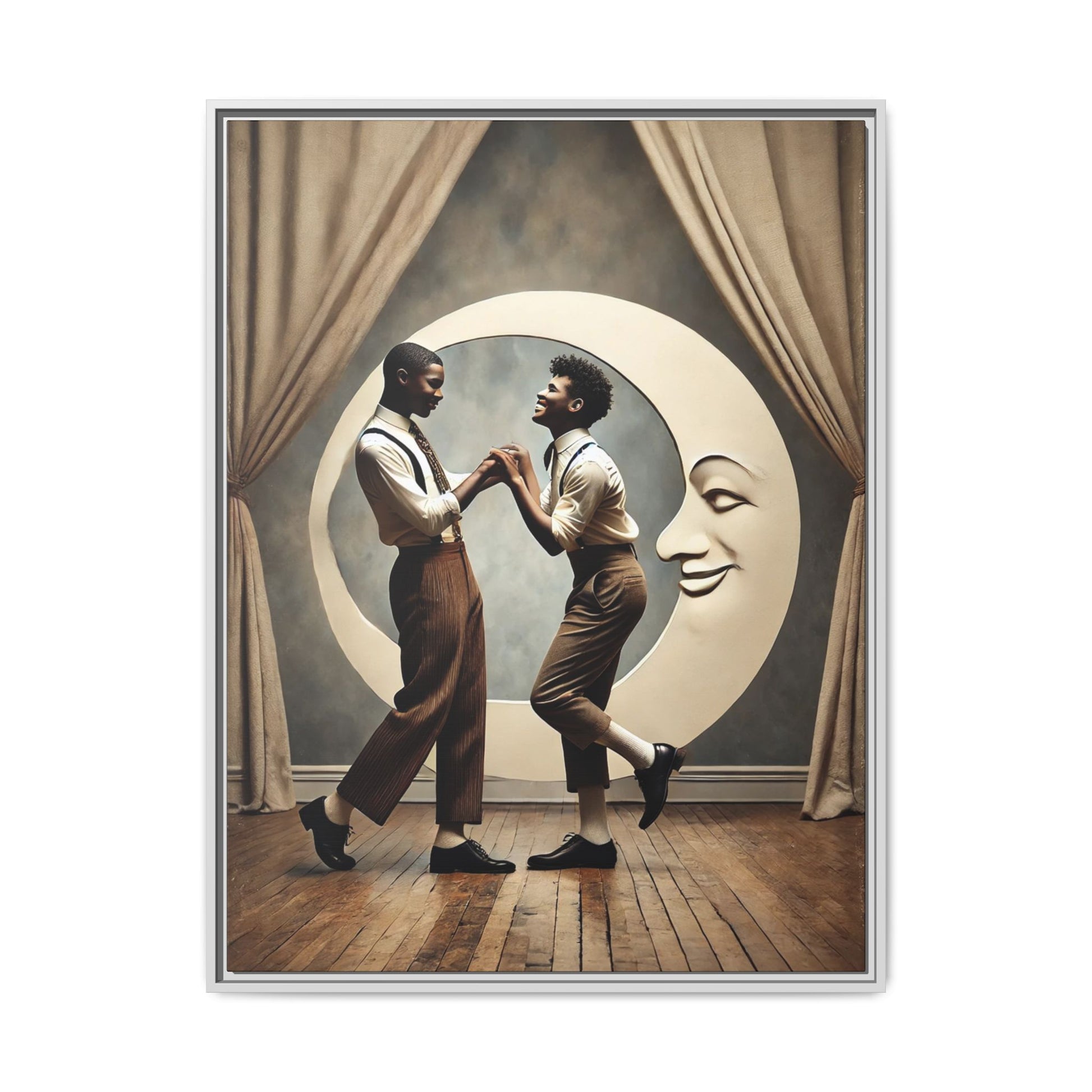 Two joyful young Black men dressed in 1920s fashion dancing in front of a crescent moon prop with a smiling face. This artwork reclaims erased queer love, offering a whimsical and powerful celebration of Black LGBTQ+ youth and history.