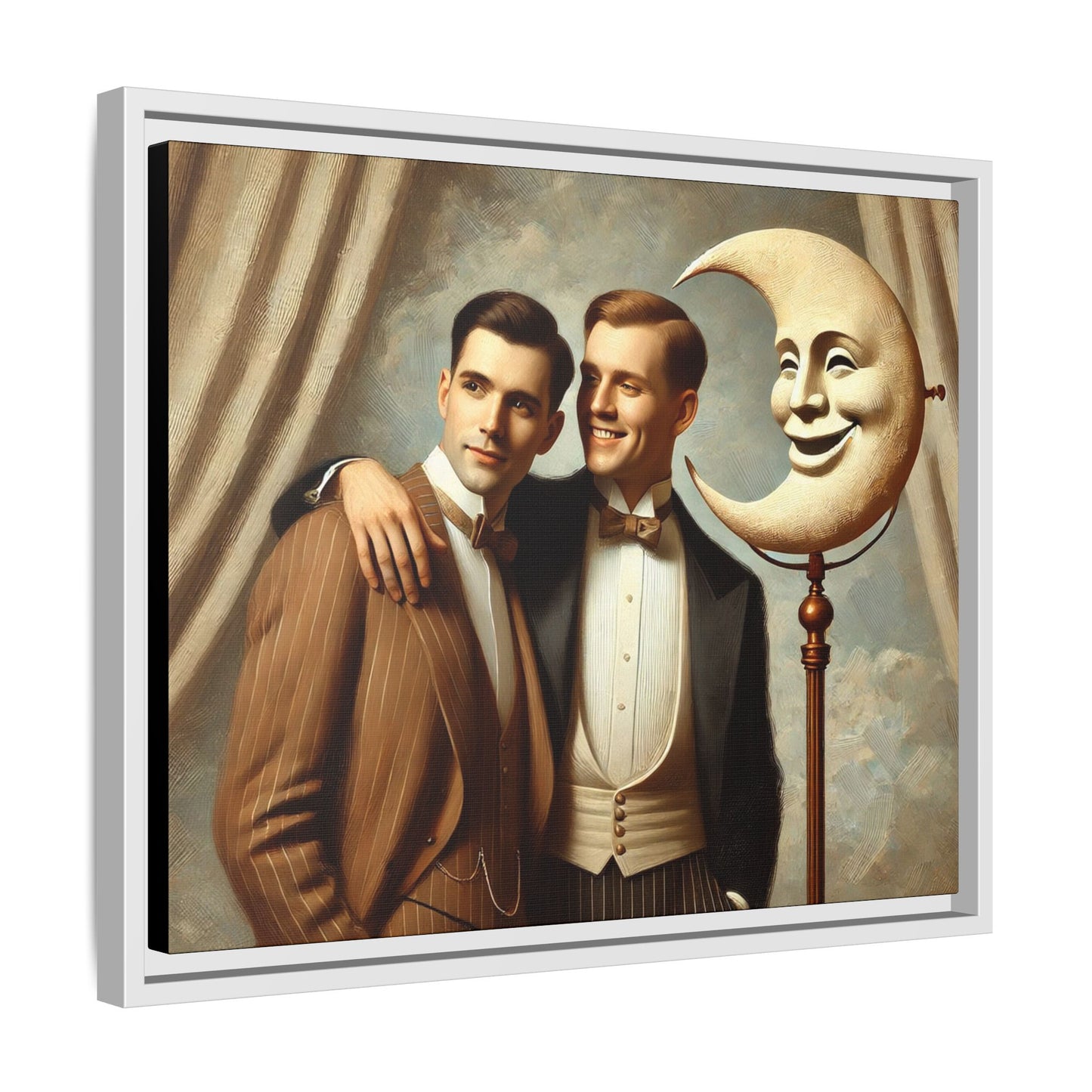 Framed matte canvas artwork of two men in vintage tuxedos standing beside a crescent moon prop. This piece reclaims LGBTQ+ representation lost to bias and honors everyday moments of affection and connection once absent from historical archives.
