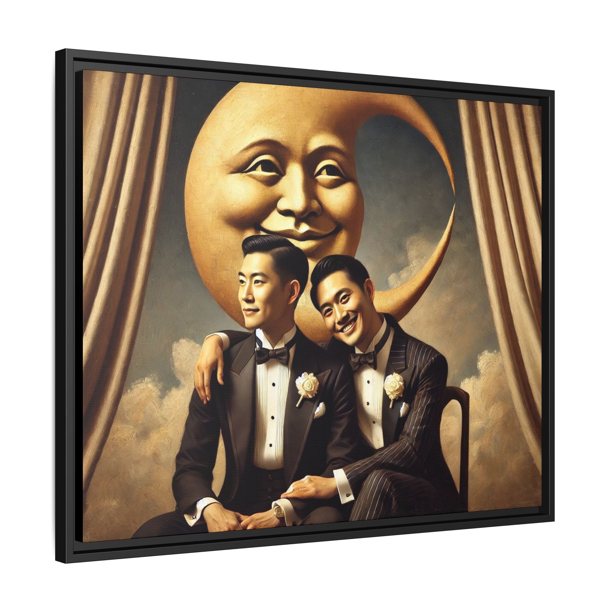 Vintage-inspired artwork of a romantic gay Asian couple in tuxedos sitting affectionately beneath a smiling crescent moon prop, surrounded by vintage stage curtains and dreamy clouds. A reclaimed queer narrative from the Man In The Moon series.