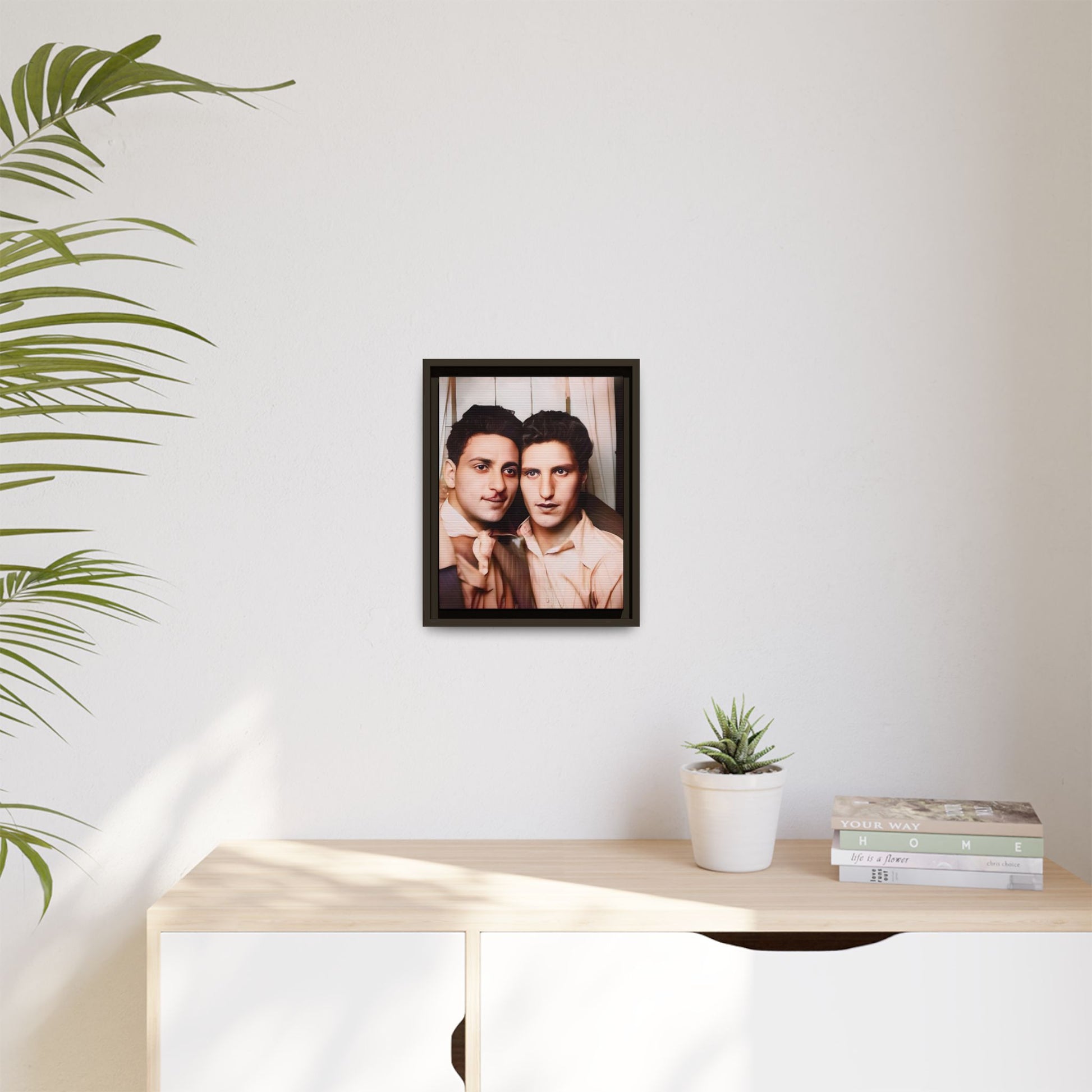 A framed vintage photo booth portrait on matte canvas featuring Juan and Lawrence in Santa Monica, California, capturing timeless LGBTQ+ love and companionship. Gay Couple