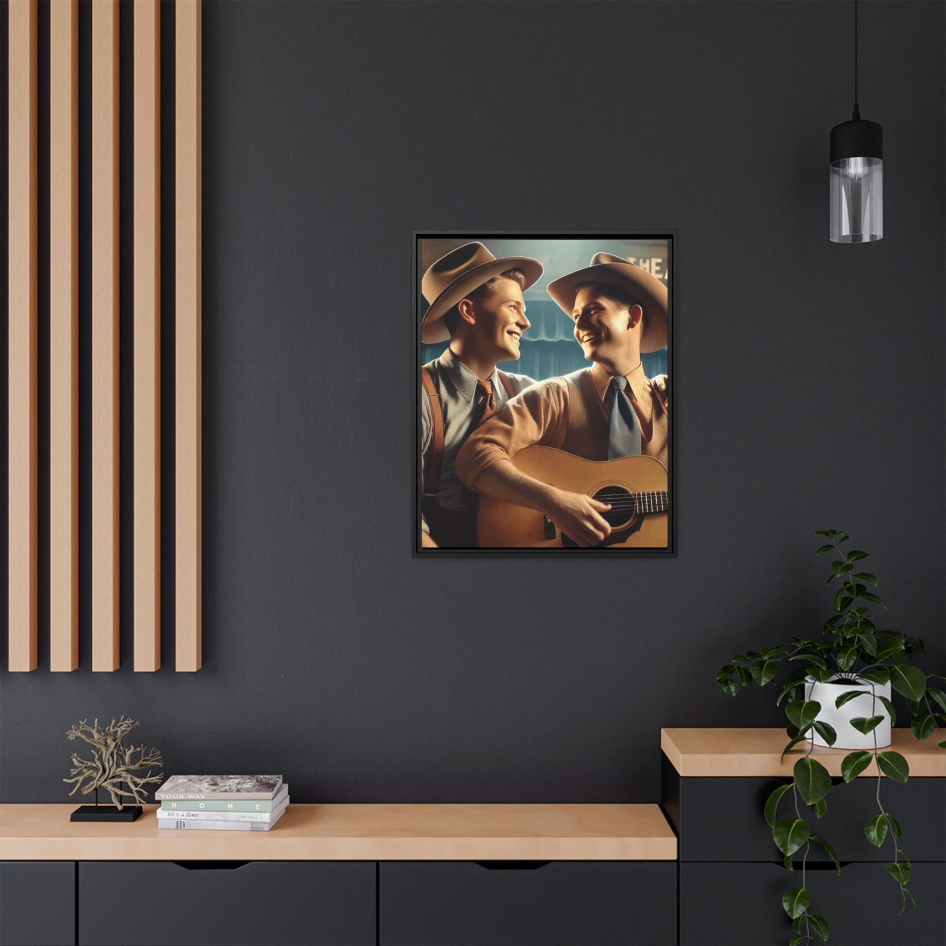 Artwork of a gay couple recording a country-western song in a 1930s-style studio. Dressed in classic Western attire with wide-brimmed hats and button-up shirts, the two men share an affectionate gaze, capturing love and unity in a nostalgic, vintage setting.