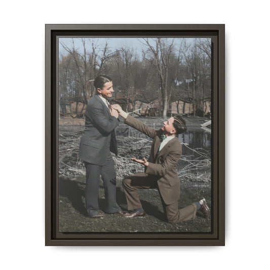 Early 20th century historical photograph with dramatic staged pose near water