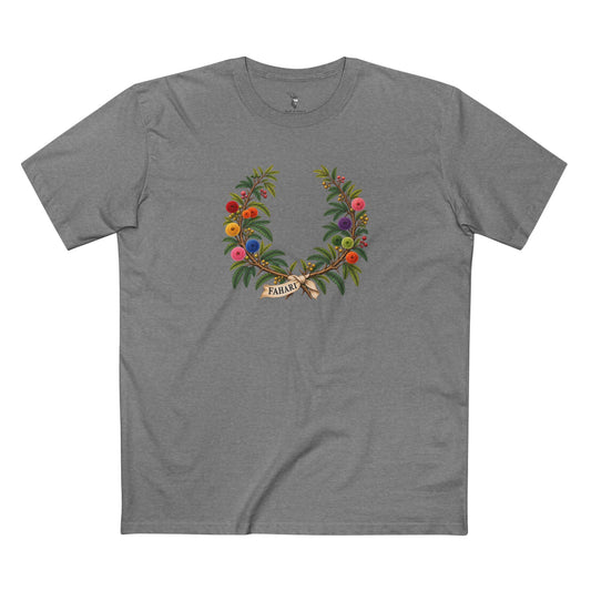 Kenyan acacia Pride laurel wreath with colorful blossoms and heritage-indigo FAHARI text for light shirts