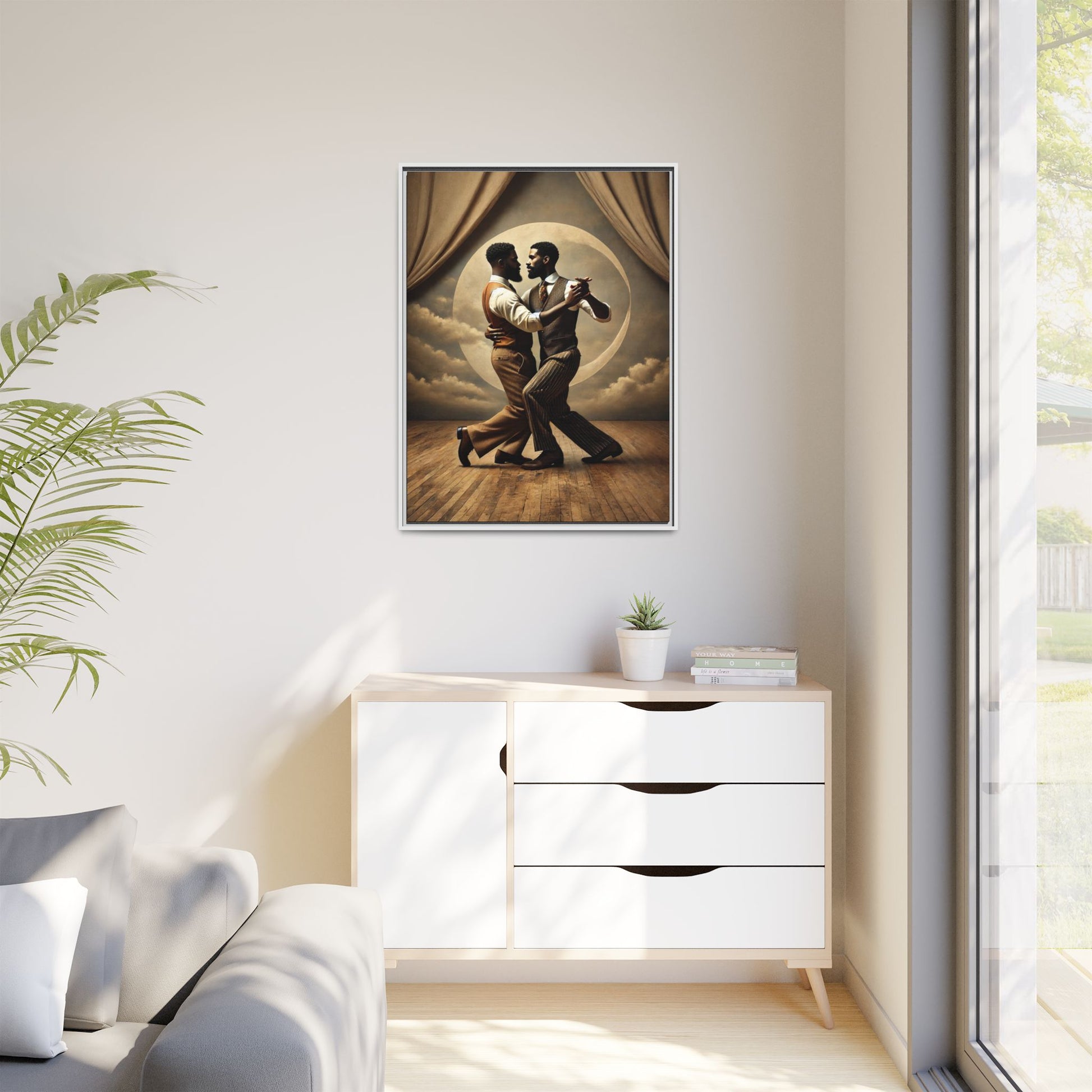 Original artwork of two Black men ballroom dancing in vintage 1920s suits under a glowing moon backdrop. A romantic and powerful tribute to queer love and Black history that reclaims moments lost to systemic bias and cultural erasure.