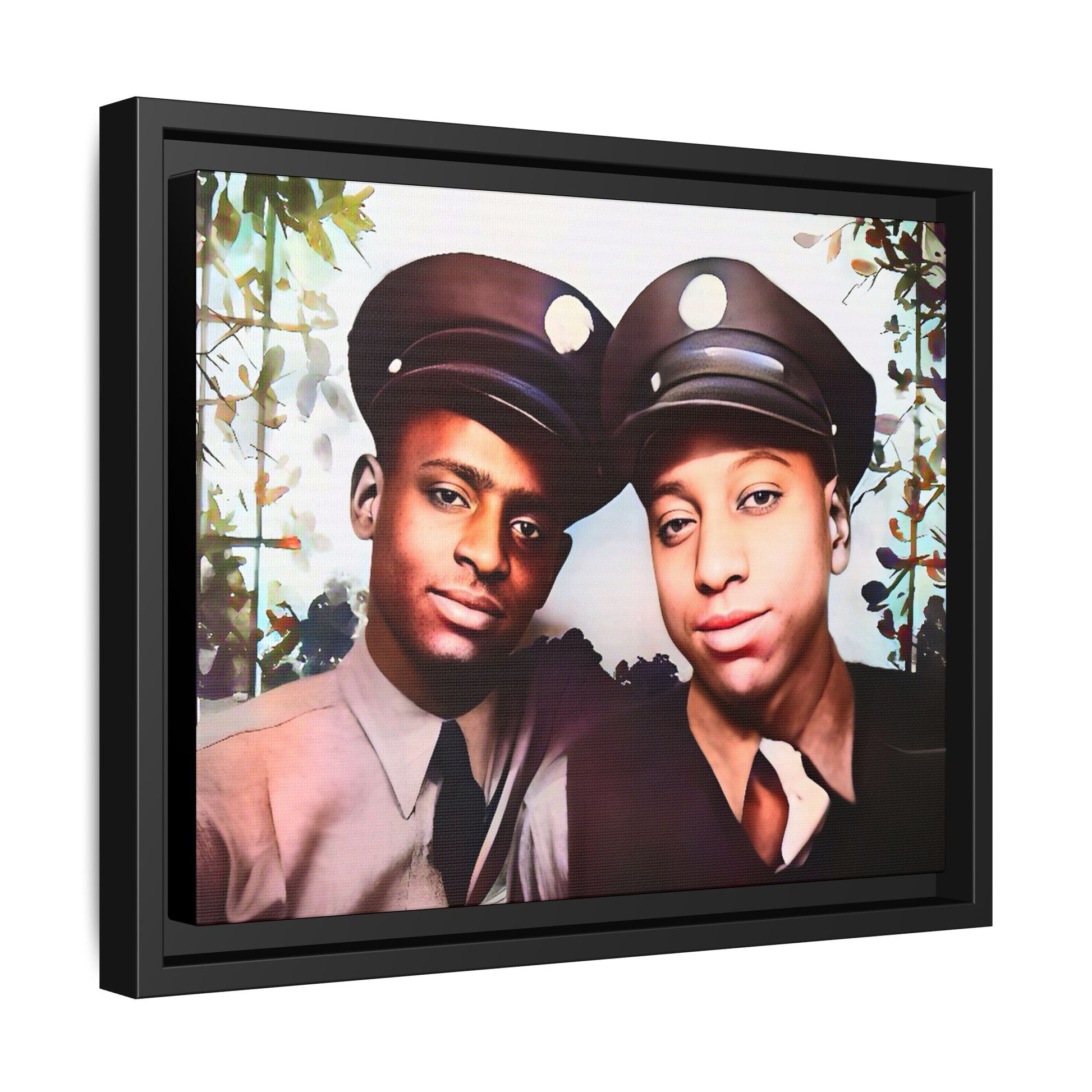 Vintage portrait of Deion & Marcus in Lexington, KY. Framed matte canvas celebrating African-American LGBTQ+ history, showcasing unity and timeless love. Perfect for collectors, art enthusiasts, and those honoring diversity and inclusion through decor.