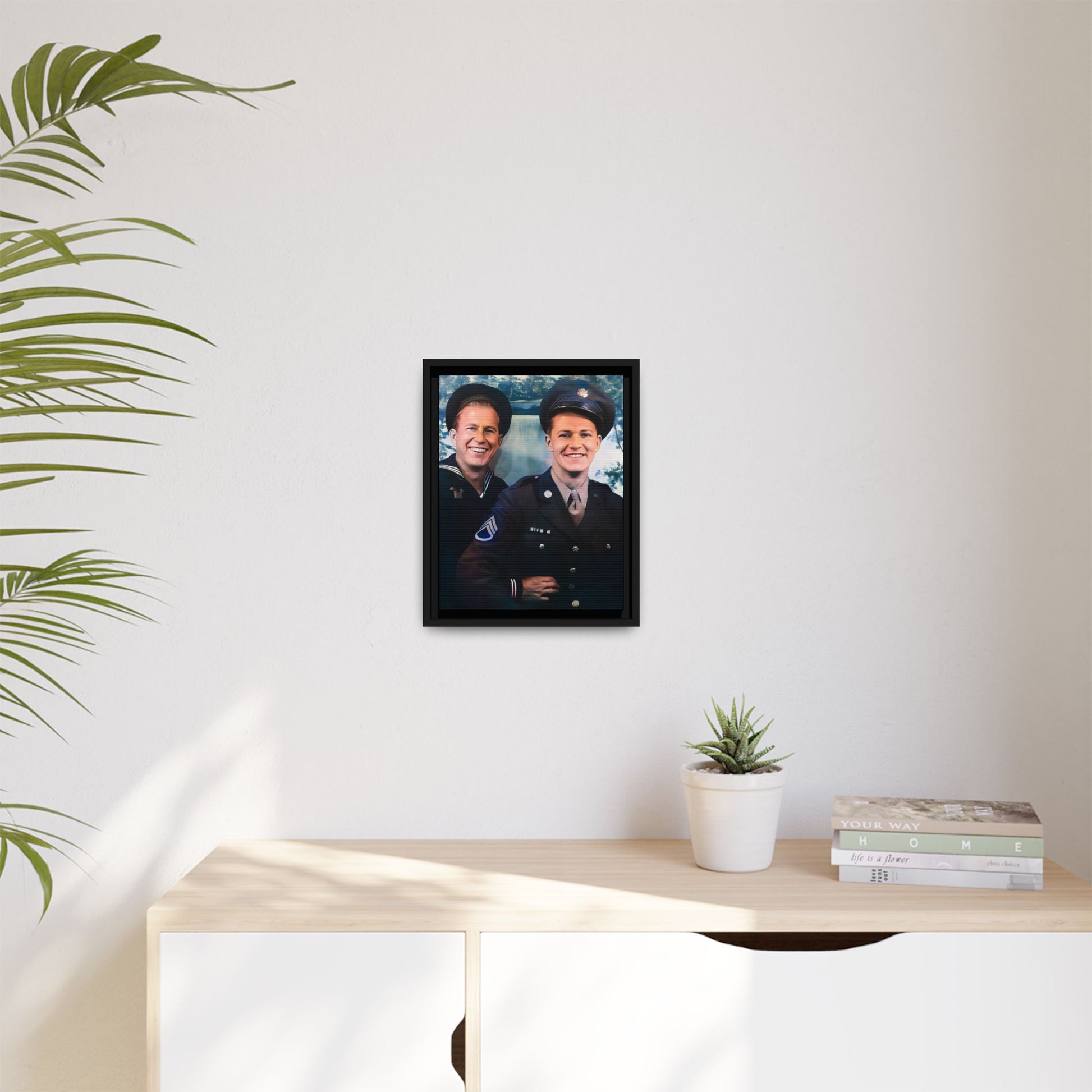 A framed vintage military portrait on matte canvas featuring a sailor and a soldier in Scapa Flow, Scotland, symbolizing service and camaraderie. Gay Couple
