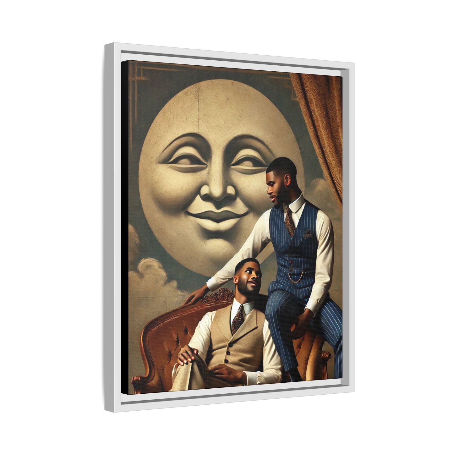 An elegant portrait of two Black men in vintage suits, seated affectionately beneath a smiling full moon. This 1920s-inspired artwork reclaims lost LGBTQ history, honoring Black queer love through style, softness, and resilience.