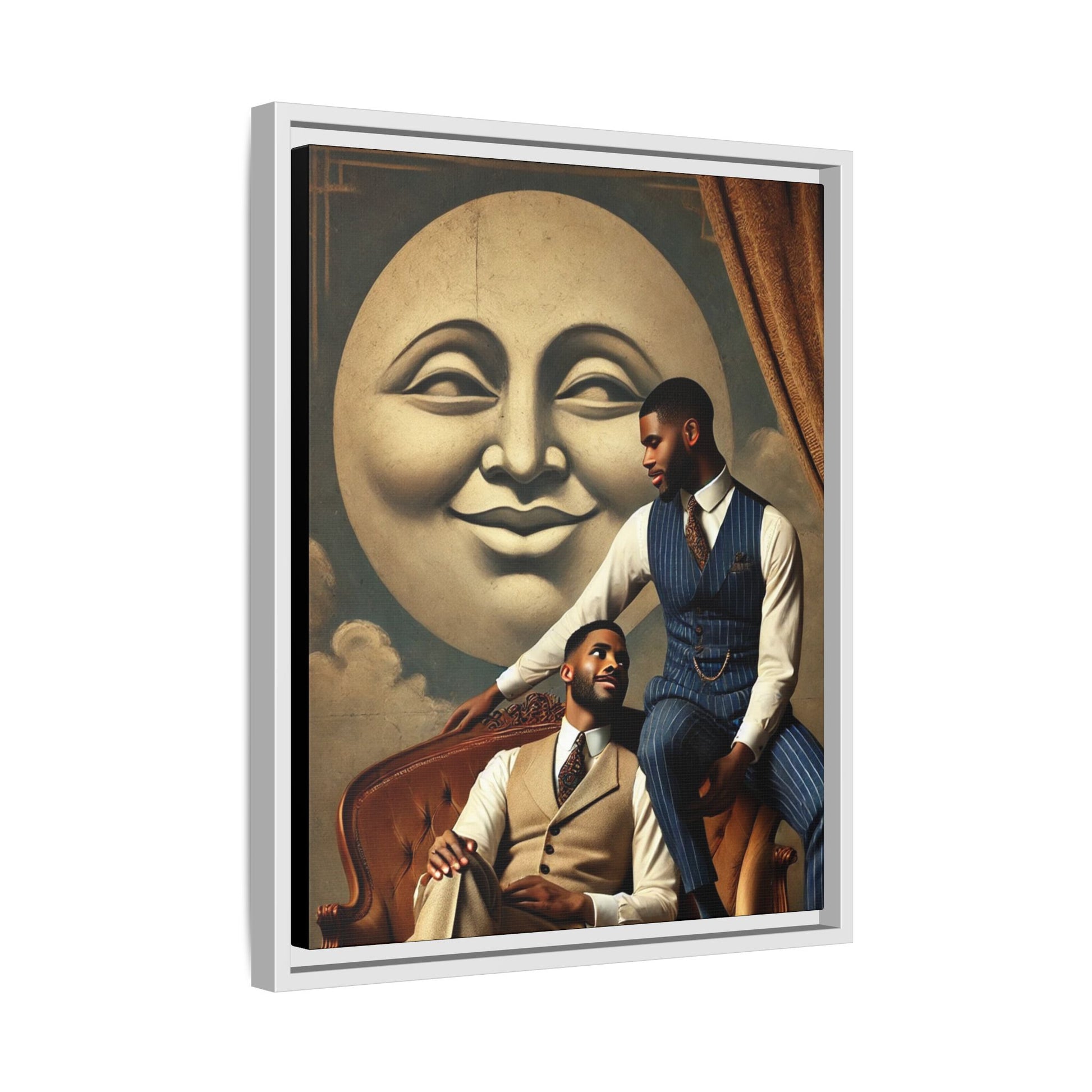 An elegant portrait of two Black men in vintage suits, seated affectionately beneath a smiling full moon. This 1920s-inspired artwork reclaims lost LGBTQ history, honoring Black queer love through style, softness, and resilience.