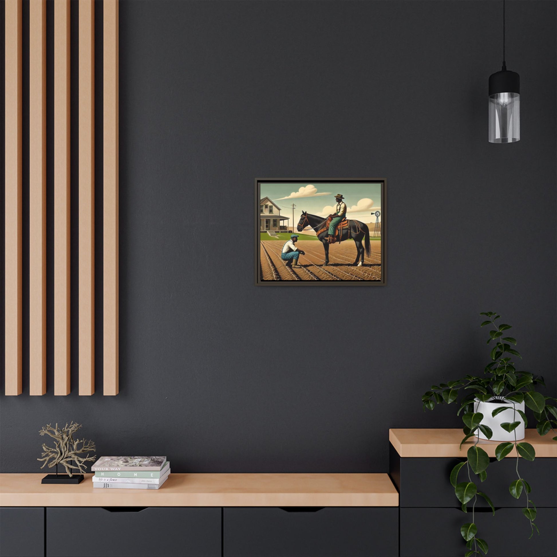 Artwork of an African American queer couple working together on a farm in a serene, vintage-inspired landscape. One man sits on horseback, gazing warmly at his partner, who examines the soil, symbolizing their partnership in both love and labor. The scene captures resilience, companionship, and the beauty of rural life.