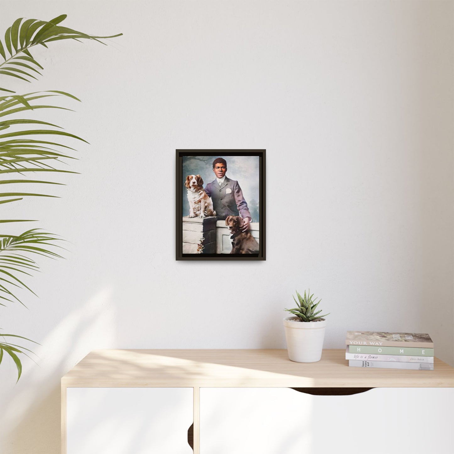 A restored vintage portrait of Marcus with his dogs, Buster and Ellis, in Charlotte, North Carolina. This framed matte canvas print captures the elegance of Southern charm and the enduring bond between a man and his loyal companions. Vintage Dog Portrait