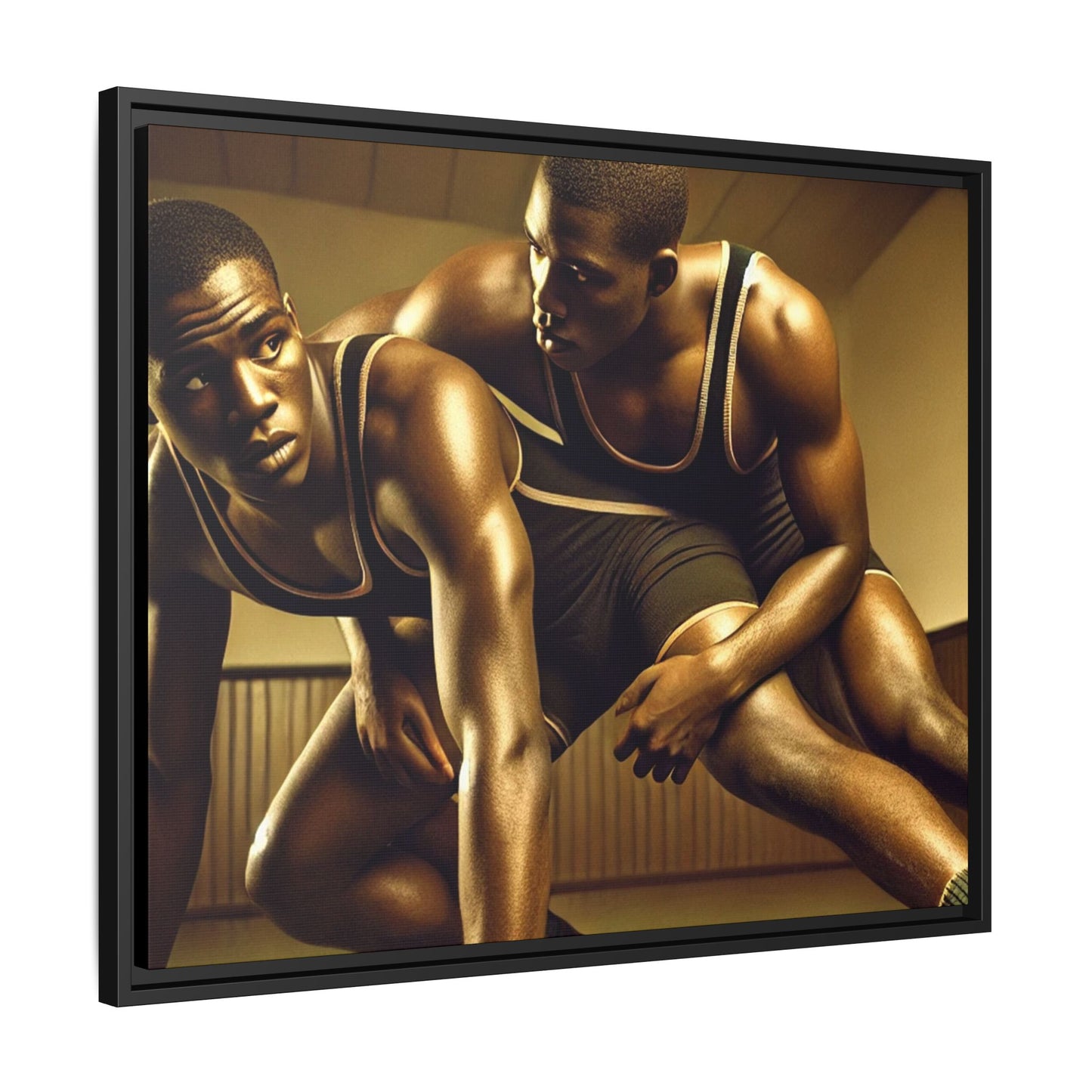 Framed artwork inspired by Grant Wood, showcasing African-American wrestlers in a vintage gymnasium setting. A powerful tribute to teamwork, resilience, and regionalist art.