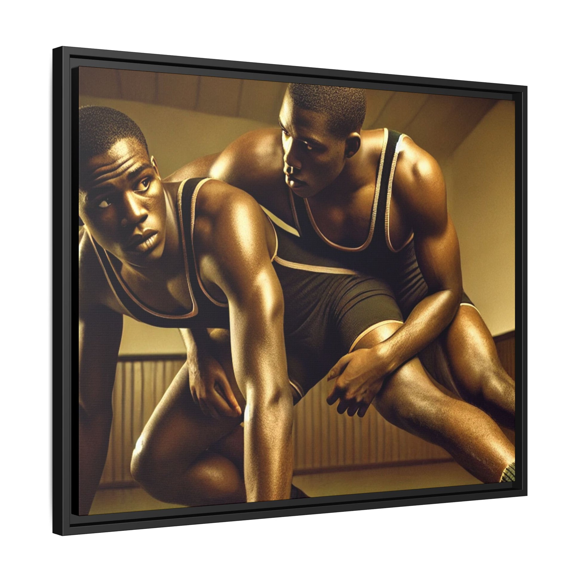 Framed artwork inspired by Grant Wood, showcasing African-American wrestlers in a vintage gymnasium setting. A powerful tribute to teamwork, resilience, and regionalist art.