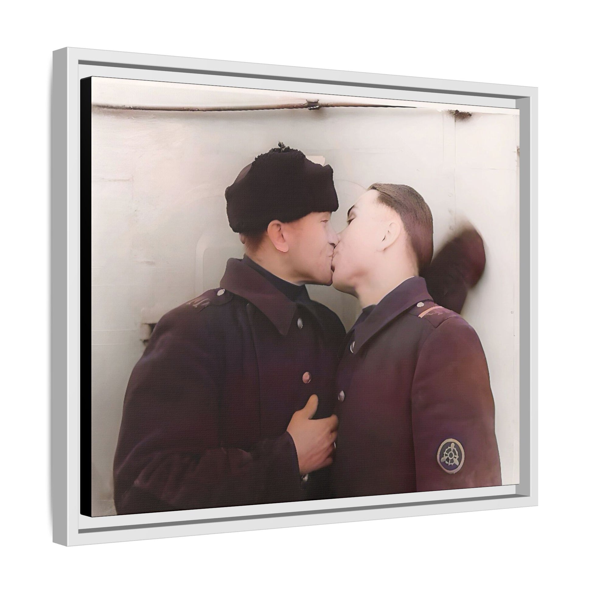 A restored vintage photograph of two Russian soldiers in uniform sharing an intimate moment at a military outpost in Surgut, Russia. Their embrace reflects resilience, love, and defiance against societal norms, making this a powerful tribute to LGBTQ+ history and wartime romance. Винтажное фото | гей-пара
