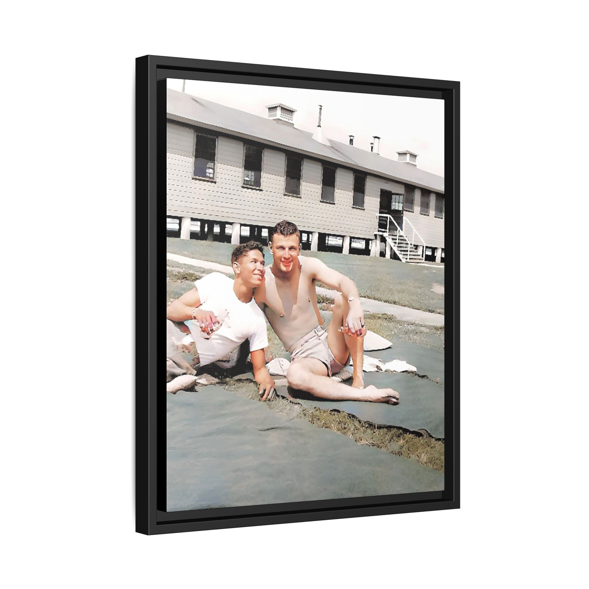 A framed vintage military portrait on matte canvas featuring Wayne and Jerry at Camp Blanding, Florida, capturing a timeless LGBTQ+ connection and companionship.
Gay Couple
