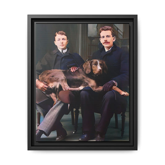 A beautifully restored 1930s black-and-white photograph featuring Clarence and Raymond seated in a stately New England home, with their beloved dog Luna resting comfortably across their laps. Dressed in refined coats and classic trousers, the couple exudes love, companionship, and timeless elegance, reflecting a warm and historic moment of LGBTQ+ history. Gay Couple