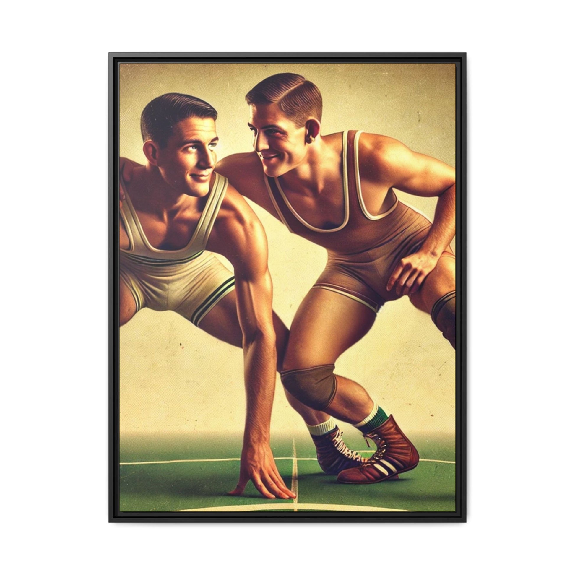 Vintage-style portrait of two young male wrestlers in retro singlets on a gym mat. One crouches in position while the other, slightly behind, smiles at him with playful affection. Both wear old-school wrestling shoes and knee pads. The scene captures athleticism, camaraderie, and queer subtext in a nostalgic, golden-toned setting. Grant Wood Tribute