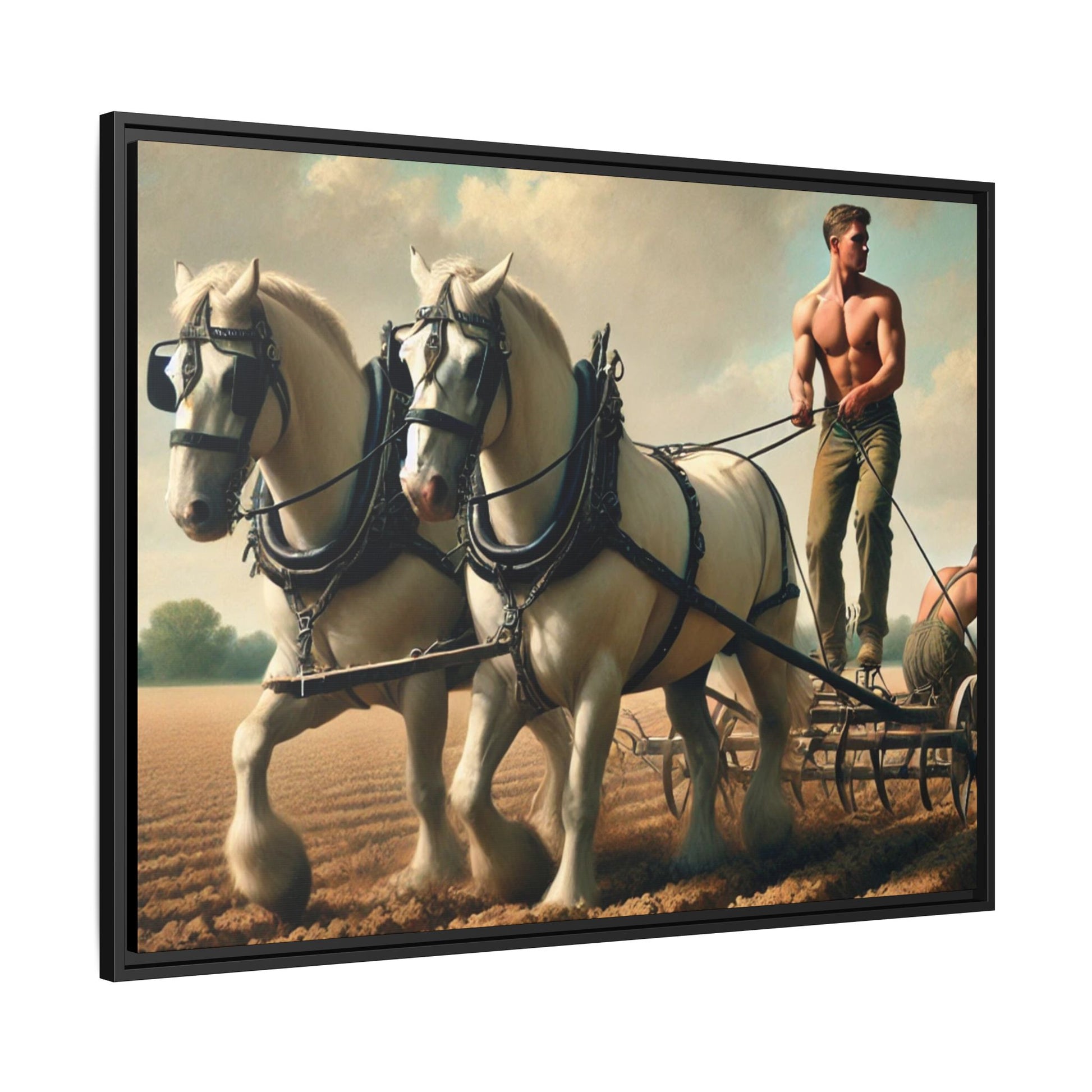 Vintage-style artwork of a shirtless man plowing a field with white horses, celebrating rural life and resilience.