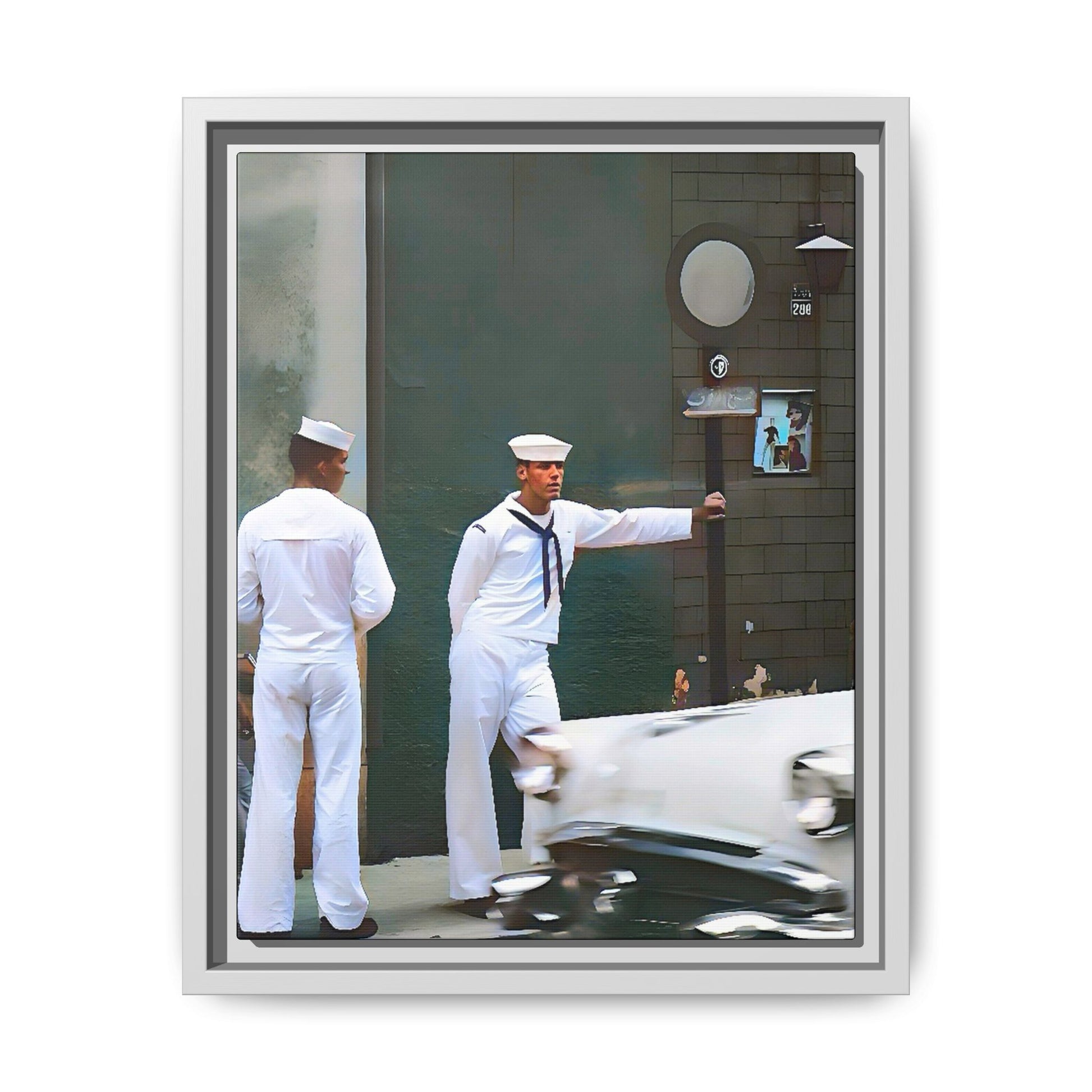 A restored vintage portrait of two sailors in Boystown, Northalsted, Chicago. This framed matte canvas celebrates LGBTQ+ history, urban charm, and community pride.