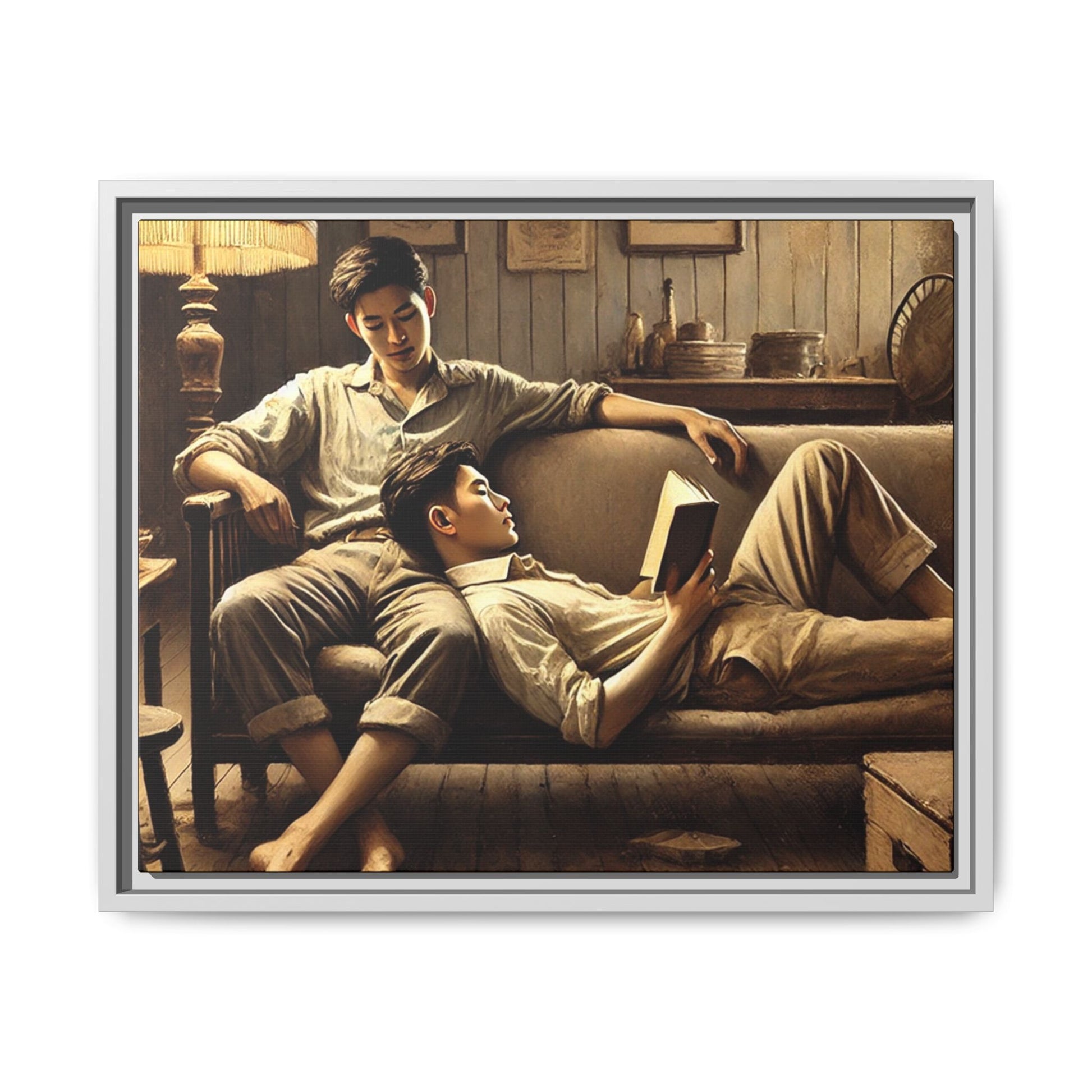 Framed artwork of an Asian-American gay couple sharing a tranquil moment on a rustic sofa, inspired by Grant Wood’s style