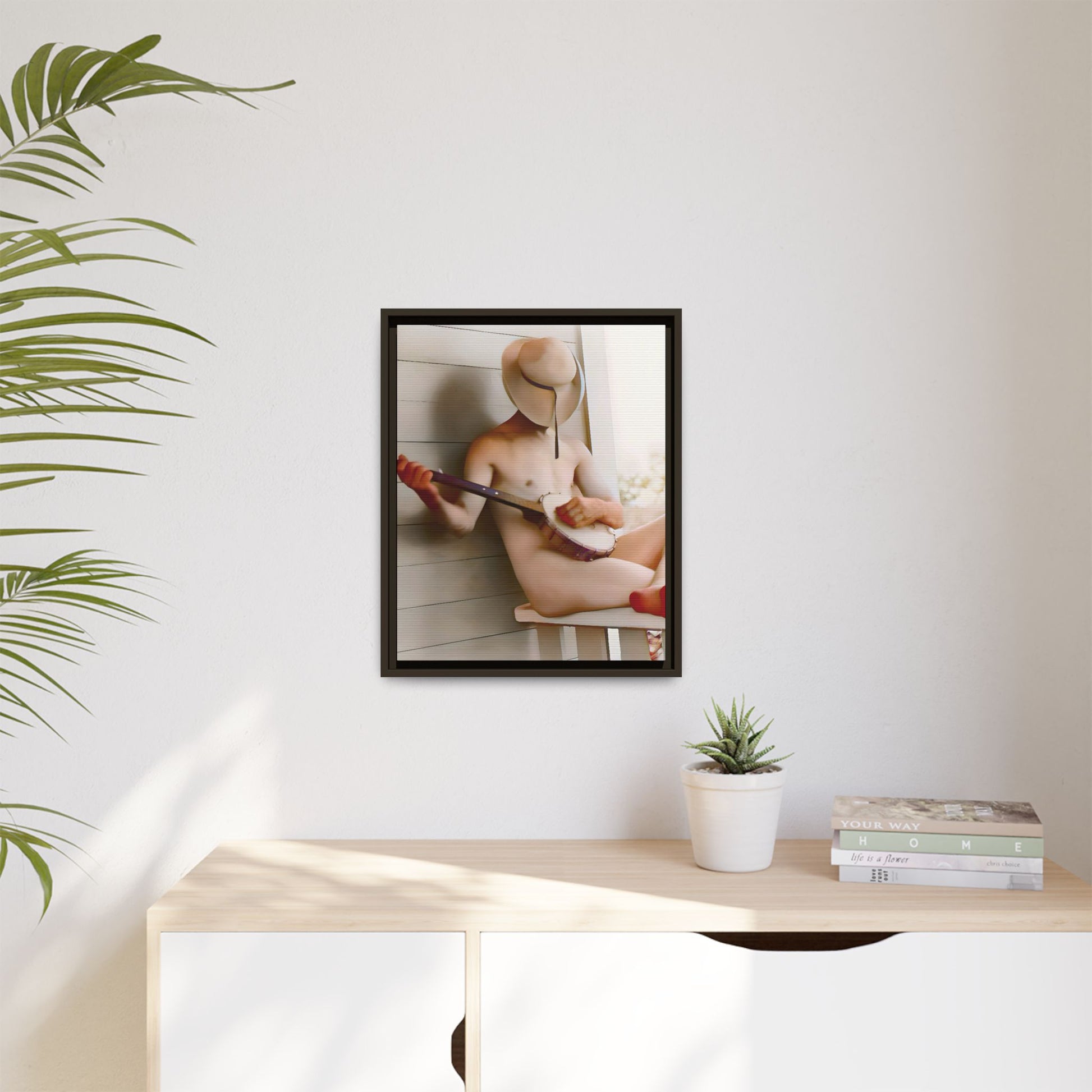A framed vintage portrait on matte canvas featuring Glenn in Alum Creek, West Virginia, capturing the Appalachian spirit with a banjo in hand.