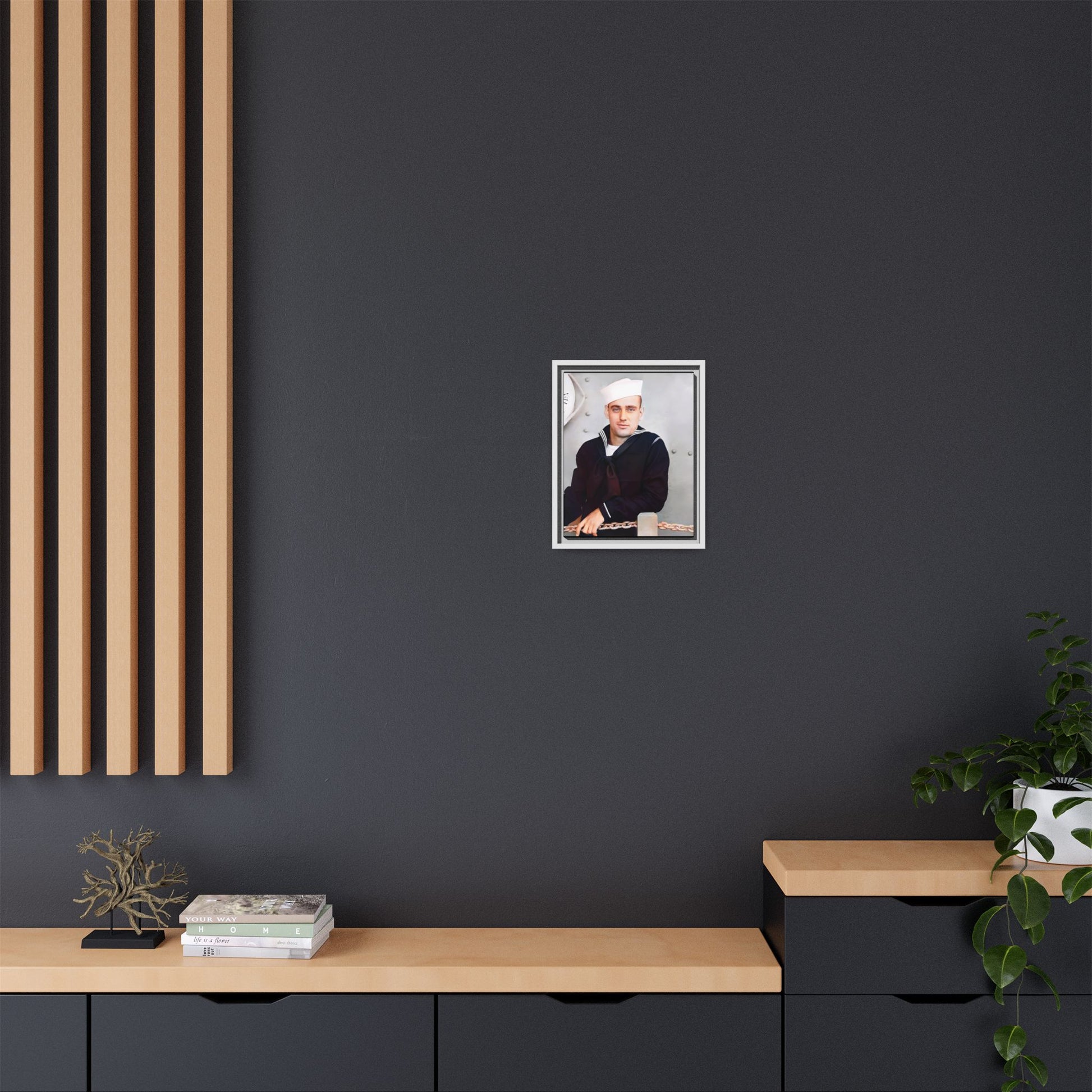 A restored vintage portrait of Francis aboard the USS Might. This framed matte canvas captures naval history, service, and timeless duty.