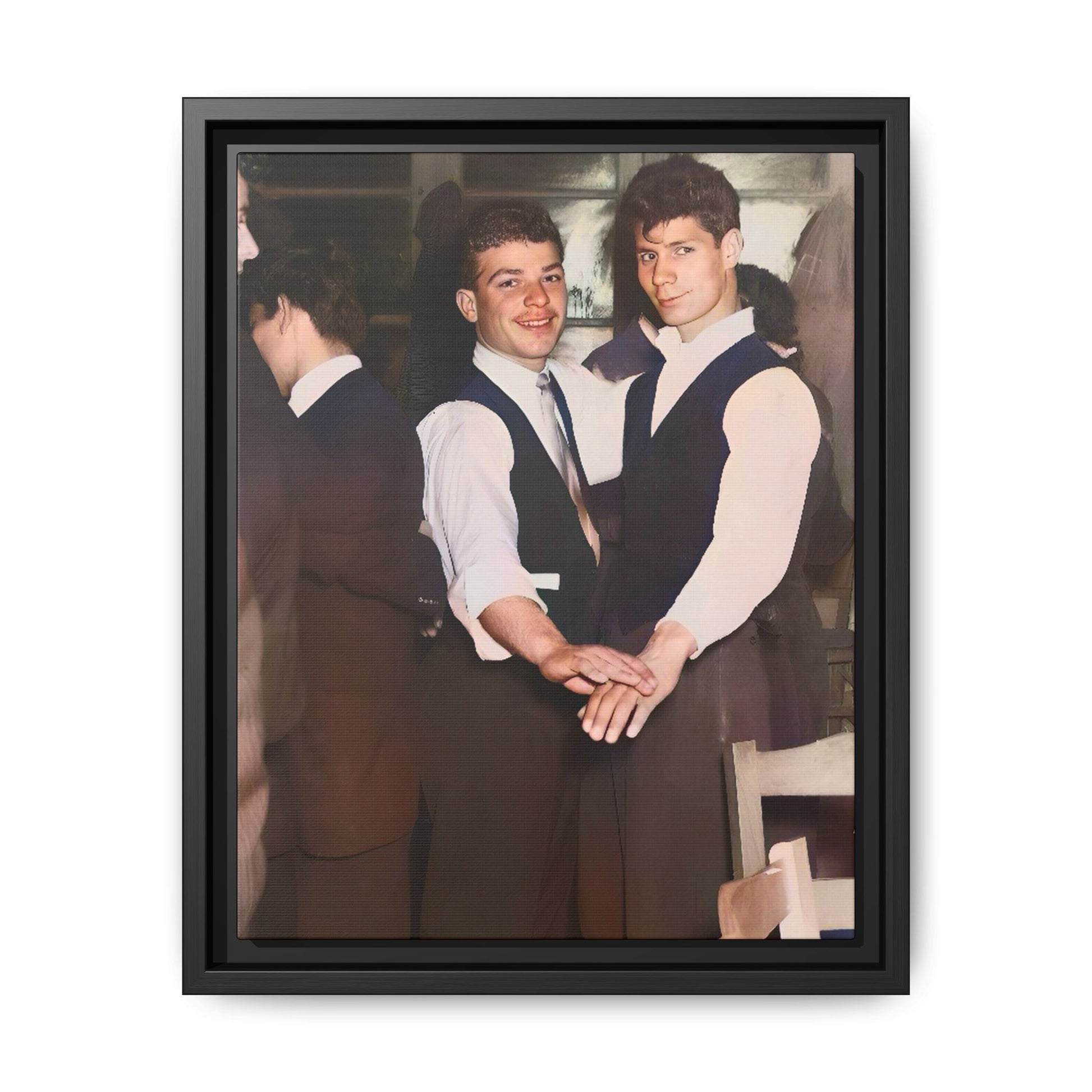 Restored and colorized mid-20th century photo of Clarence and Francis dancing, celebrating LGBTQ+ love and resilience, framed as a matte canvas wall décor piece. Gay Couple