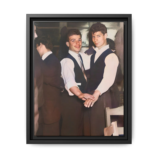 Restored and colorized mid-20th century photo of Clarence and Francis dancing, celebrating LGBTQ+ love and resilience, framed as a matte canvas wall décor piece. Gay Couple