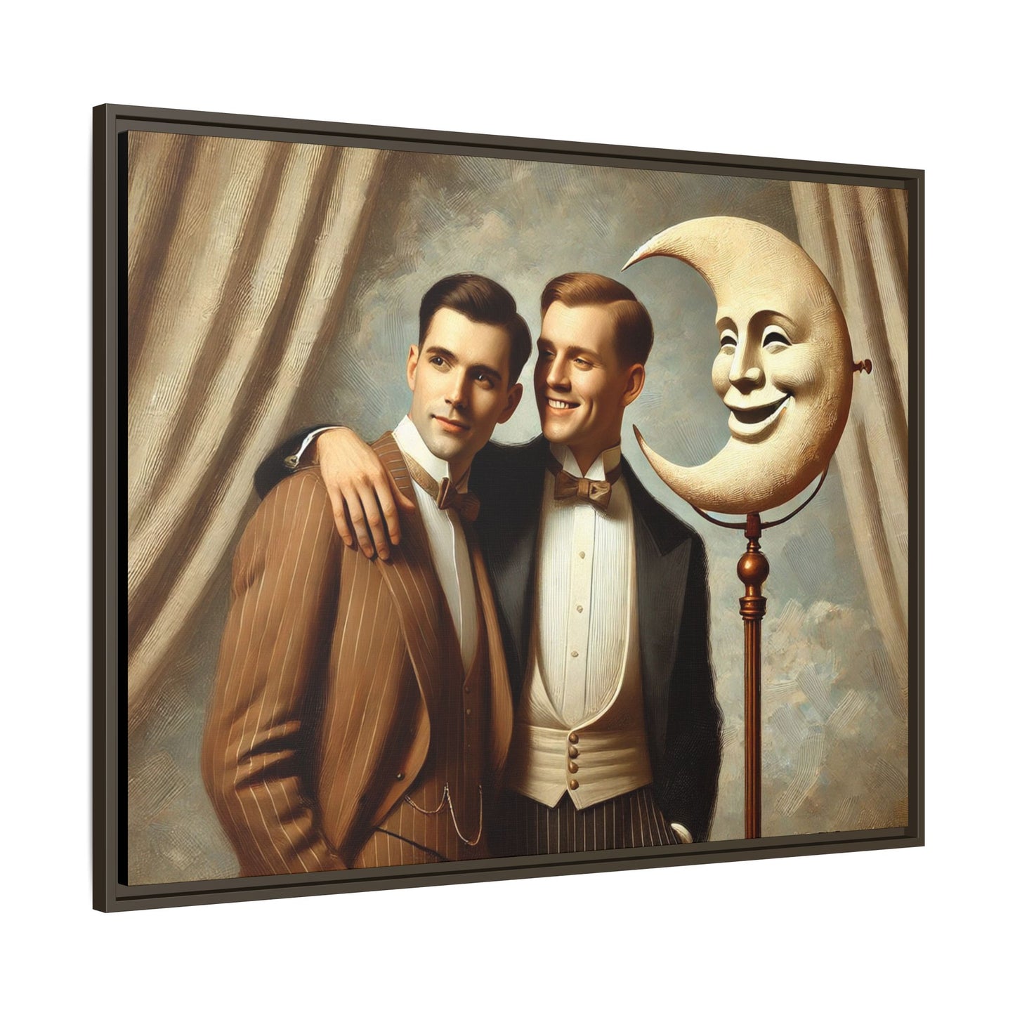 Framed matte canvas artwork of two men in vintage tuxedos standing beside a crescent moon prop. This piece reclaims LGBTQ+ representation lost to bias and honors everyday moments of affection and connection once absent from historical archives.
