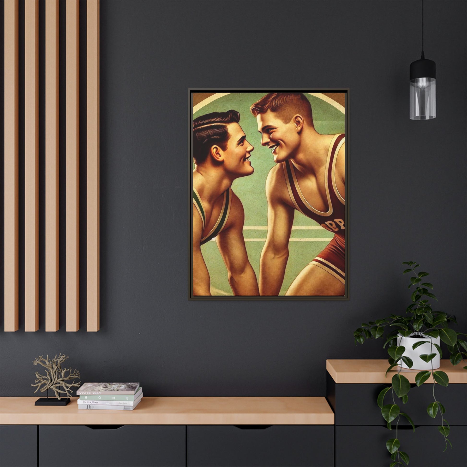 Framed artwork of two young wrestlers in vintage singlets on a stylized mat, inspired by Grant Wood's nostalgic Americana style.
