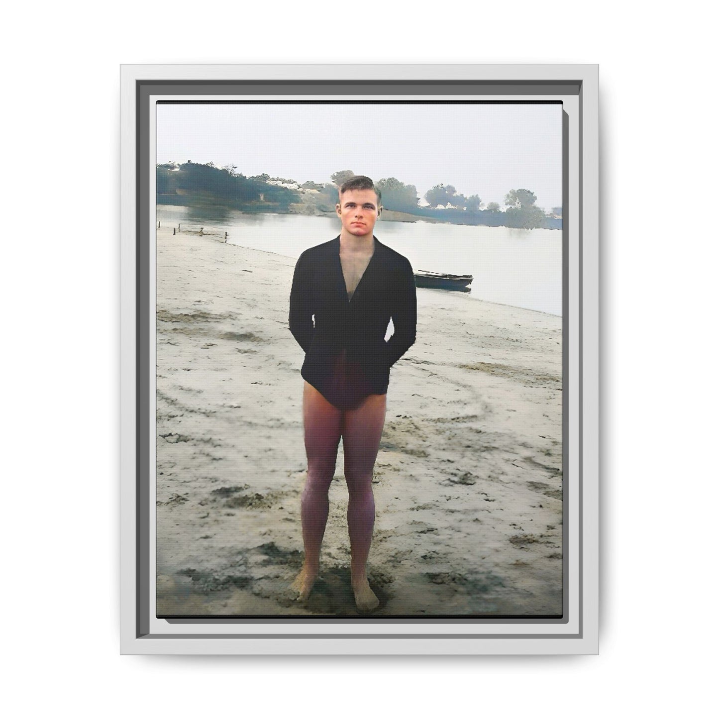 A framed vintage lake portrait on matte canvas featuring Ben at Lake Chicot, Arkansas, capturing solitude, nature, and timeless reflection.