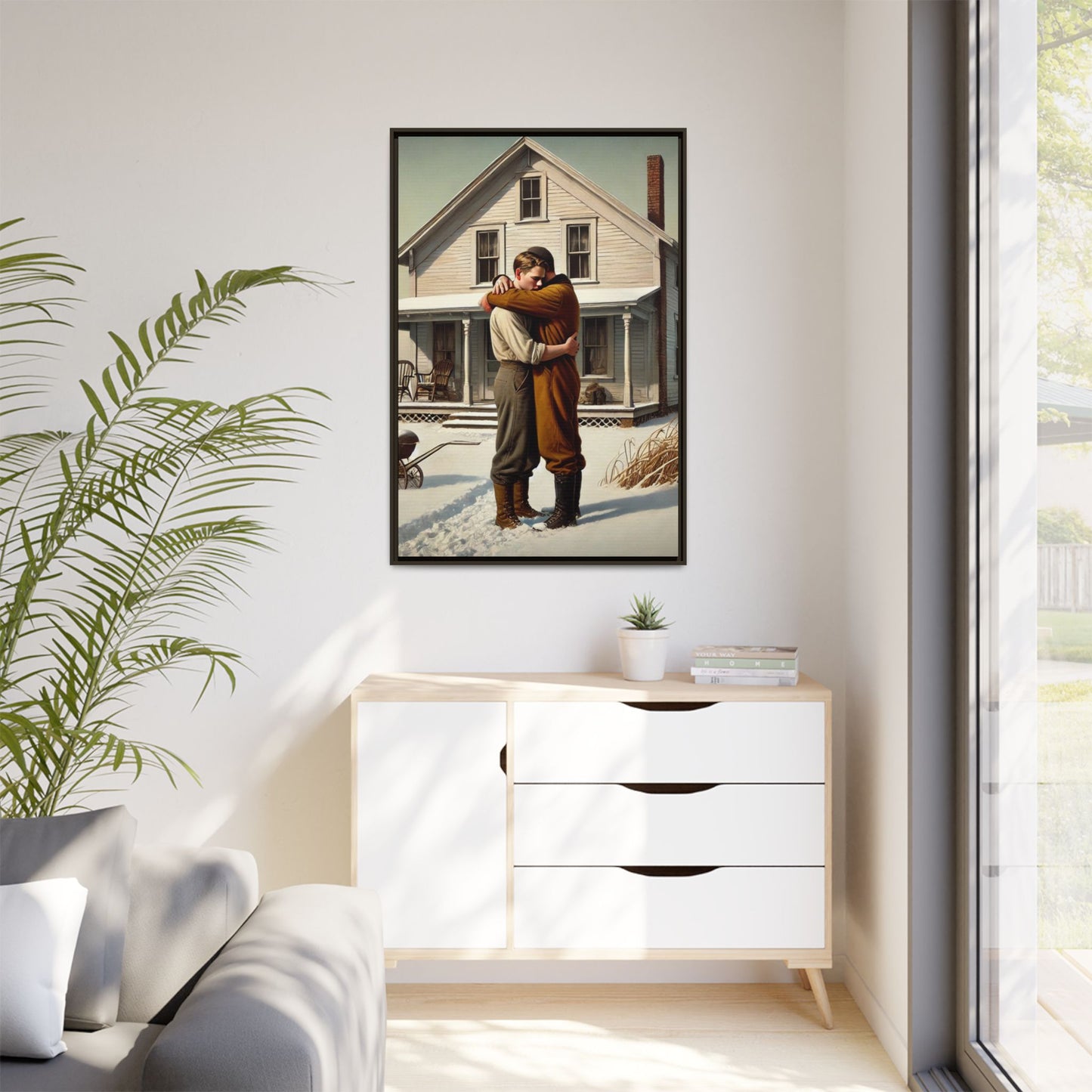 Artwork of a tender moment between a gay couple embracing outside a farmhouse in a snowy, rural landscape. Dressed in vintage attire, the two men find warmth and comfort in each other’s arms, capturing love and connection in a serene, Americana winter setting