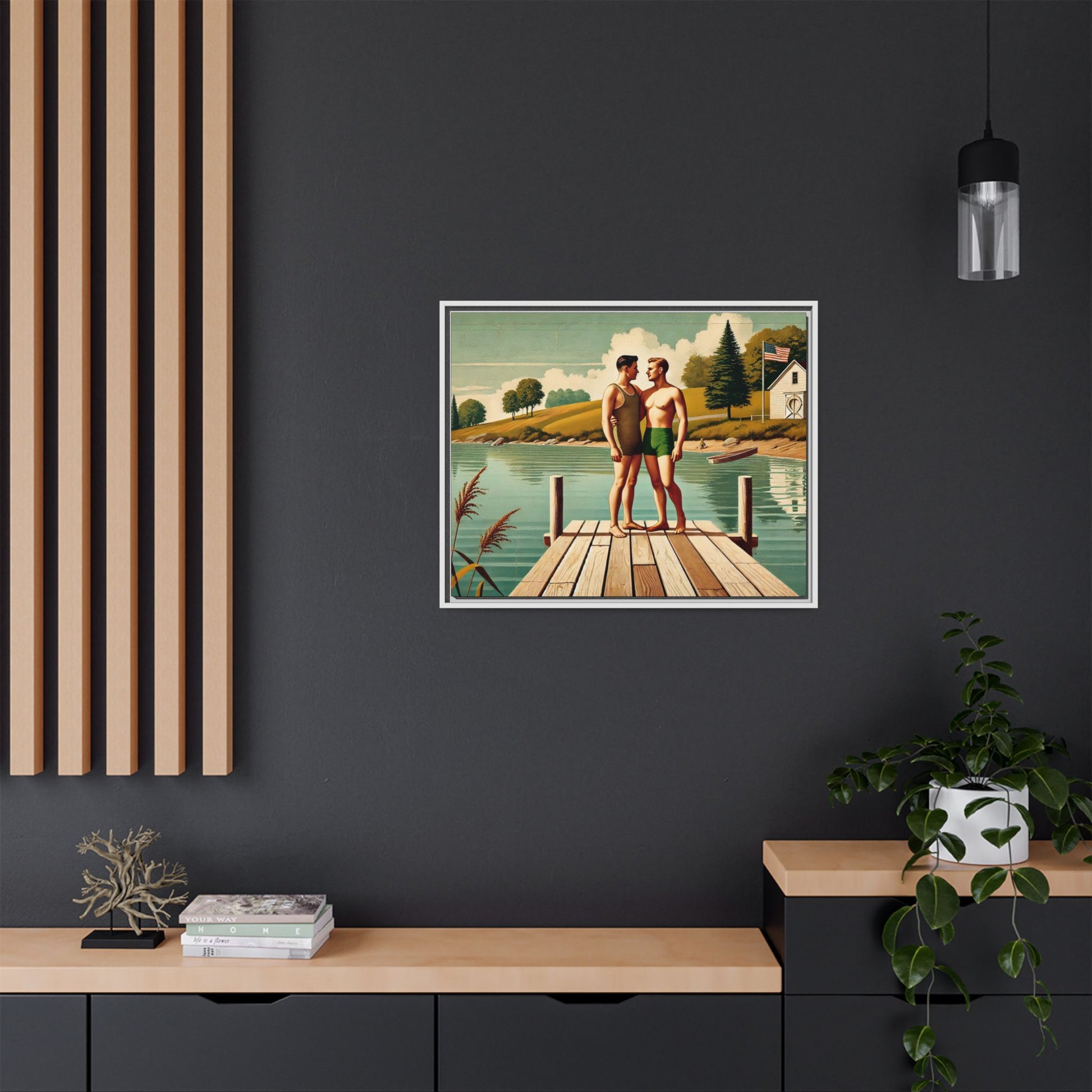 Framed artwork of a gay couple sharing a tender moment on a wooden dock by a peaceful lake, dressed in vintage swimwear. Set against rolling hills and a lakeside cabin, this nostalgic scene honors LGBTQ+ love in a serene Midwestern summer setting.
