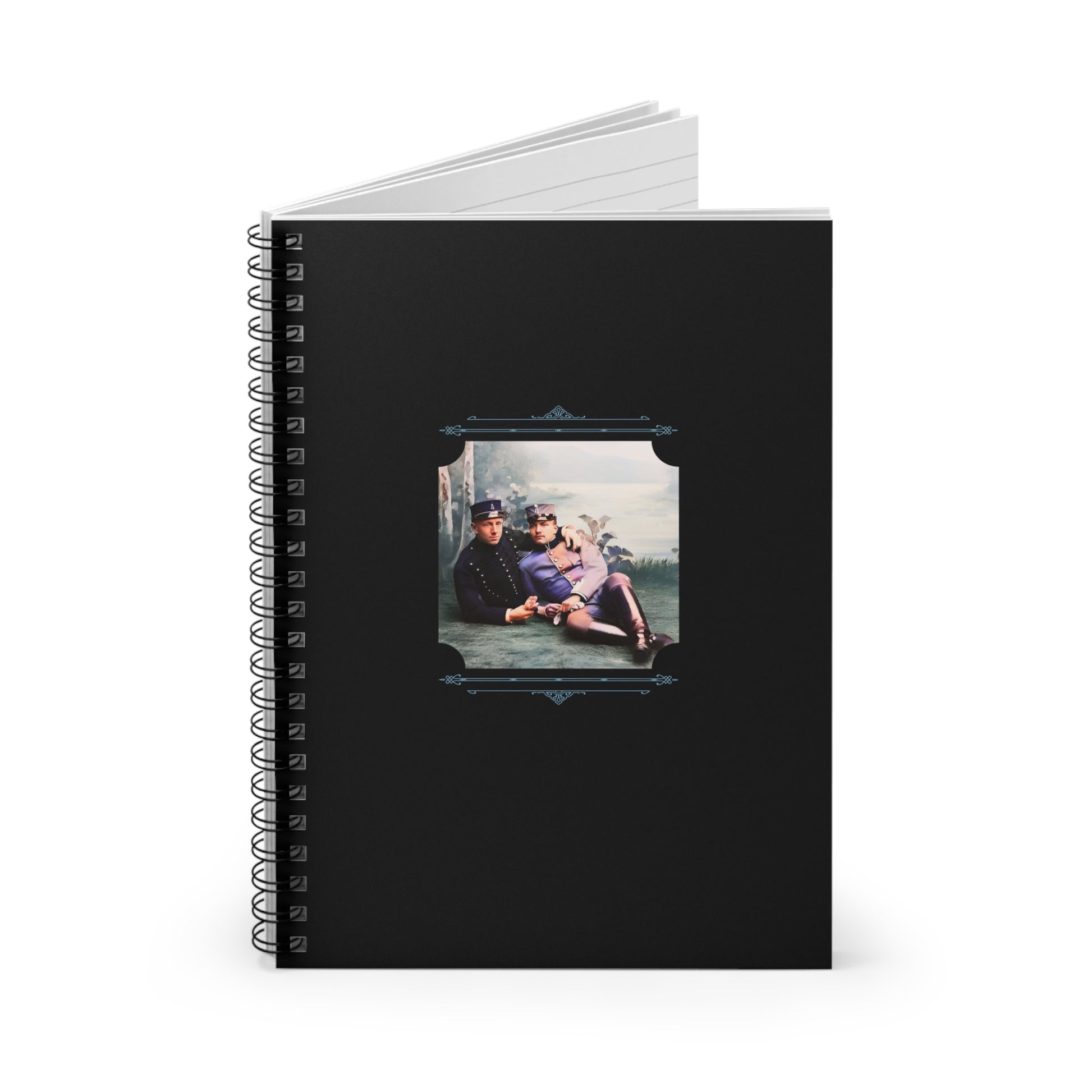 Colorized Swedish military couple from early 20th century, posed with closeness in uniform on matte black notebook cover