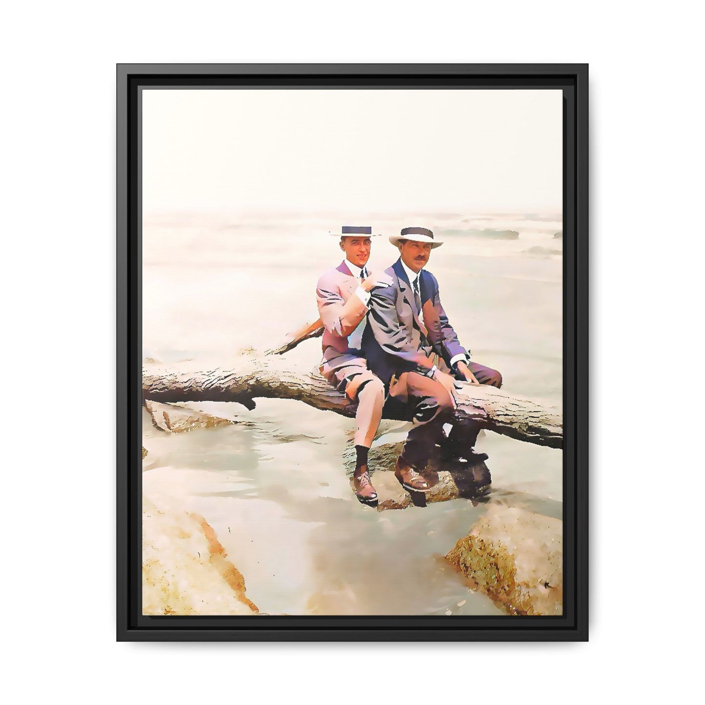 A restored vintage riverside portrait of Edward & Walter in Danbury, Connecticut. This framed matte canvas honors LGBTQ+ history, elegance, and timeless companionship. Gay Couple