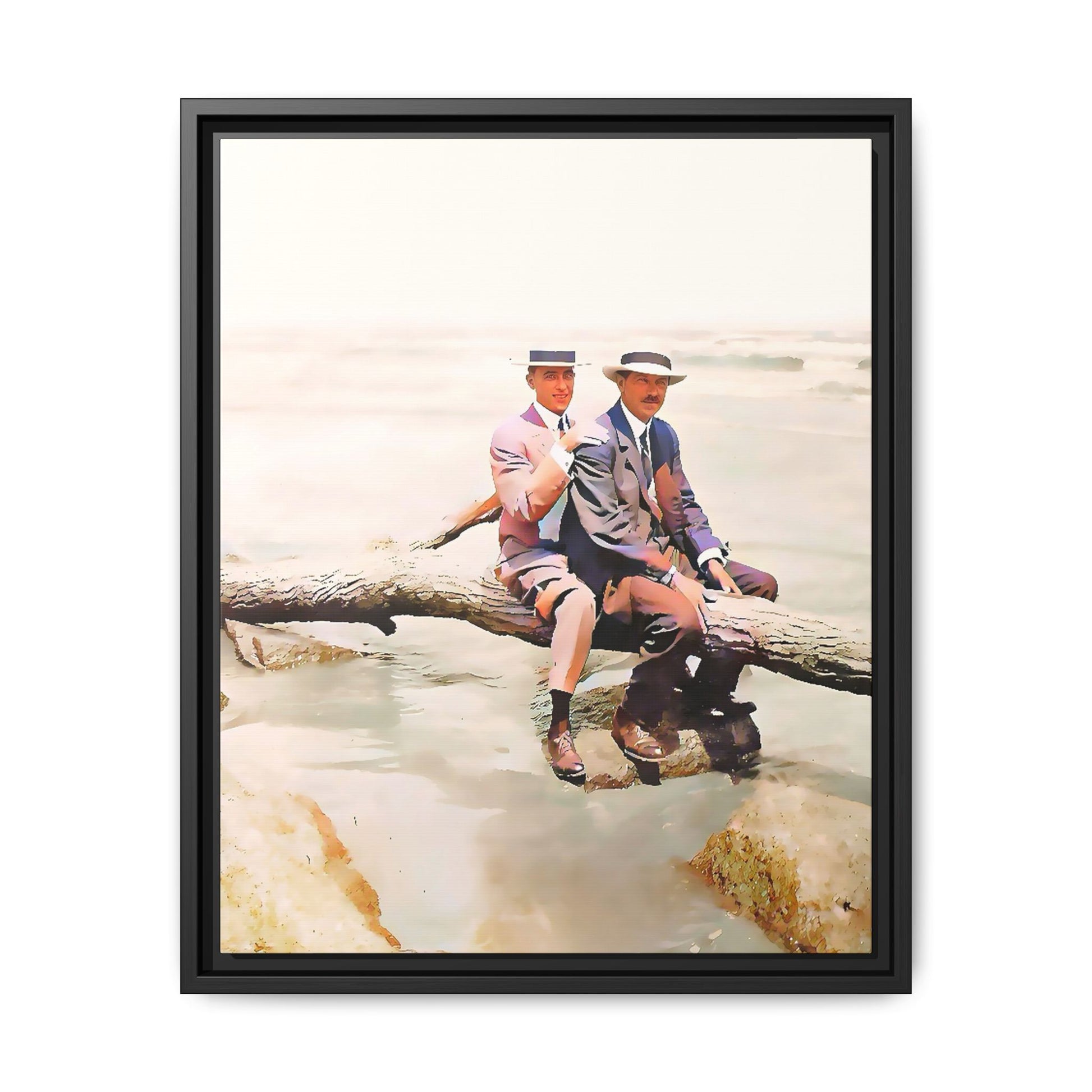 A restored vintage riverside portrait of Edward & Walter in Danbury, Connecticut. This framed matte canvas honors LGBTQ+ history, elegance, and timeless companionship. Gay Couple