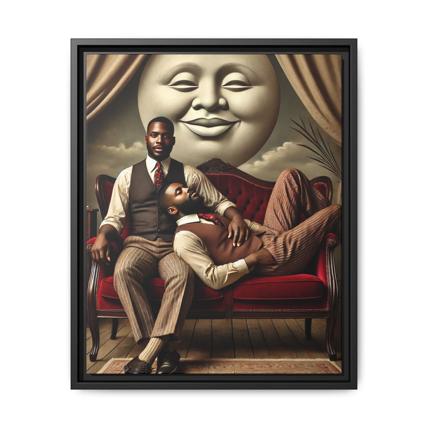Vintage-style artwork of two Black men in 1920s clothing sitting and reclining together on a red velvet couch beneath a smiling full moon. The scene reclaims queer Black history and affection once lost to bias and invisibility.
