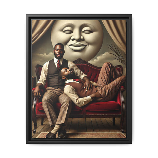 Vintage-style artwork of two Black men in 1920s clothing sitting and reclining together on a red velvet couch beneath a smiling full moon. The scene reclaims queer Black history and affection once lost to bias and invisibility.