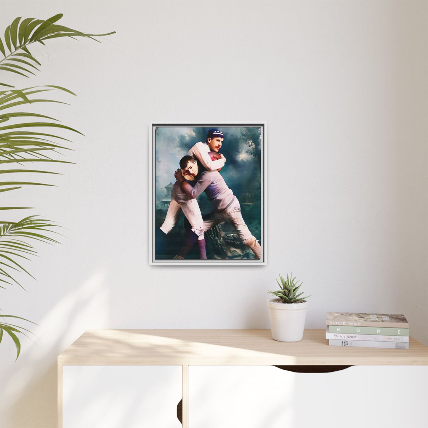 A framed vintage sports portrait on matte canvas featuring Theodore and Patrick in Chapel Hill, North Carolina, capturing timeless strength, camaraderie, and connection.